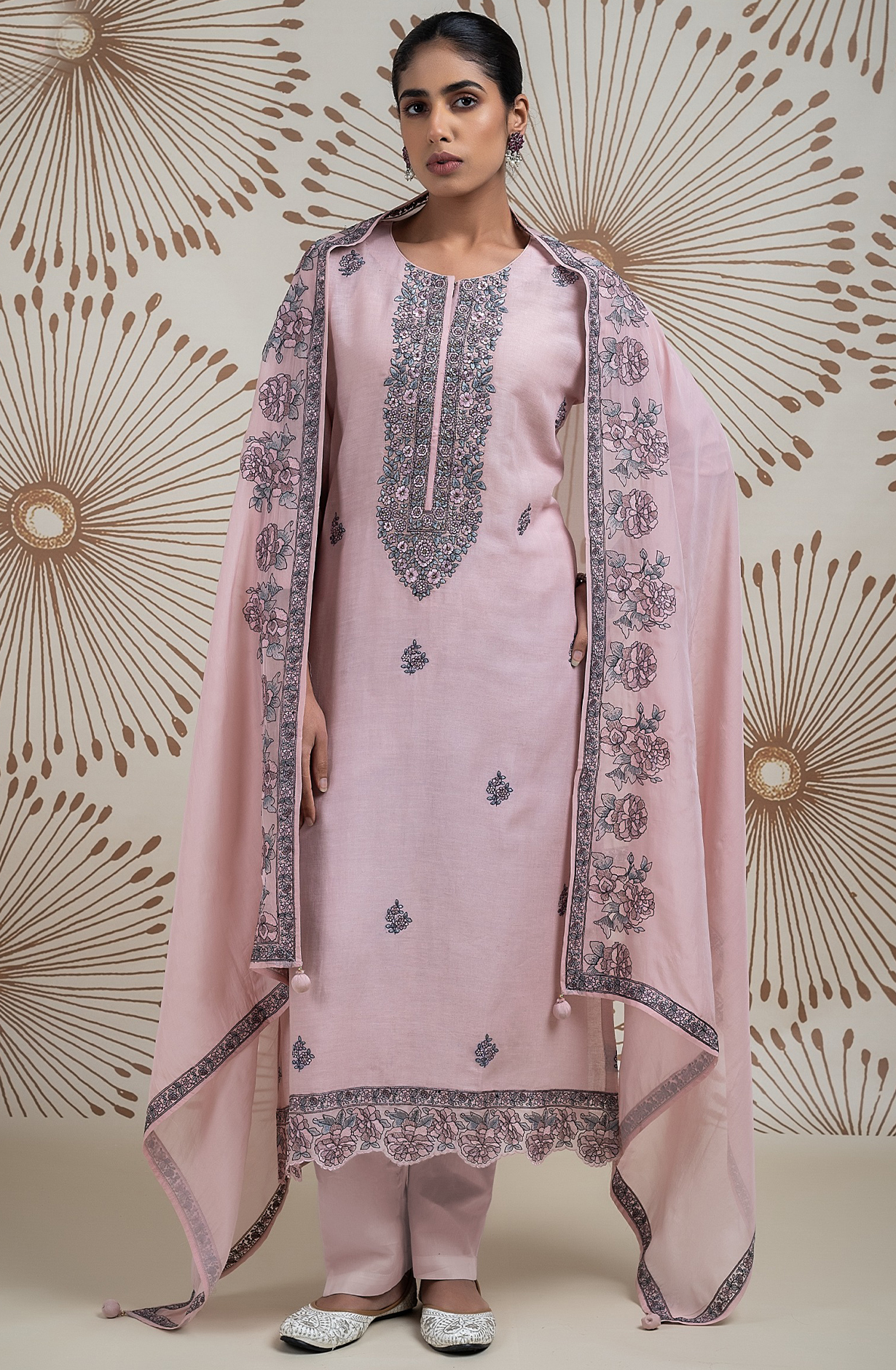 Peach Linen Embroidered Suit with Beautiful Organza Dupatta - R157-SPR2155