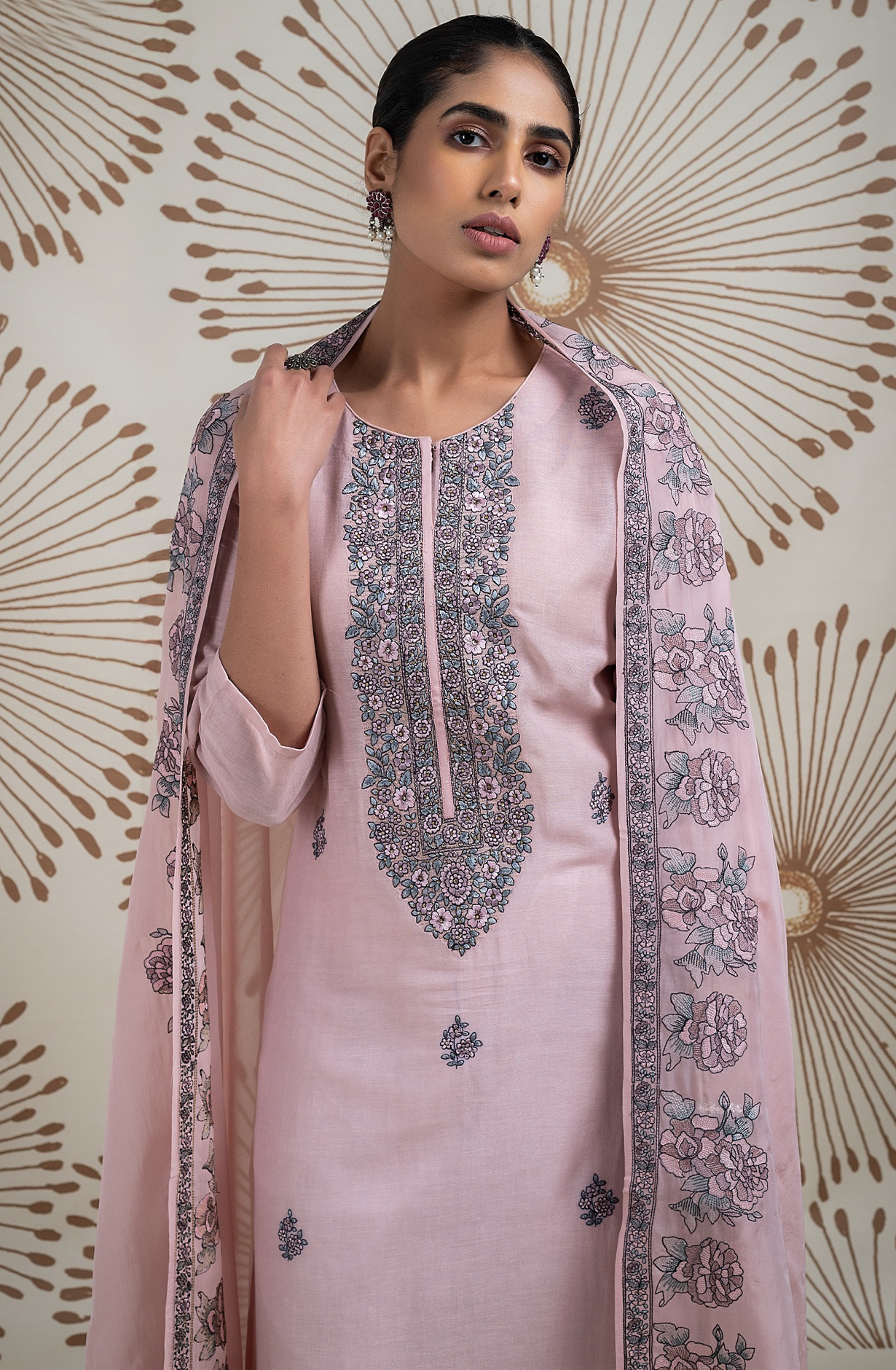 Peach Linen Embroidered Suit with Beautiful Organza Dupatta - R157-SPR2155