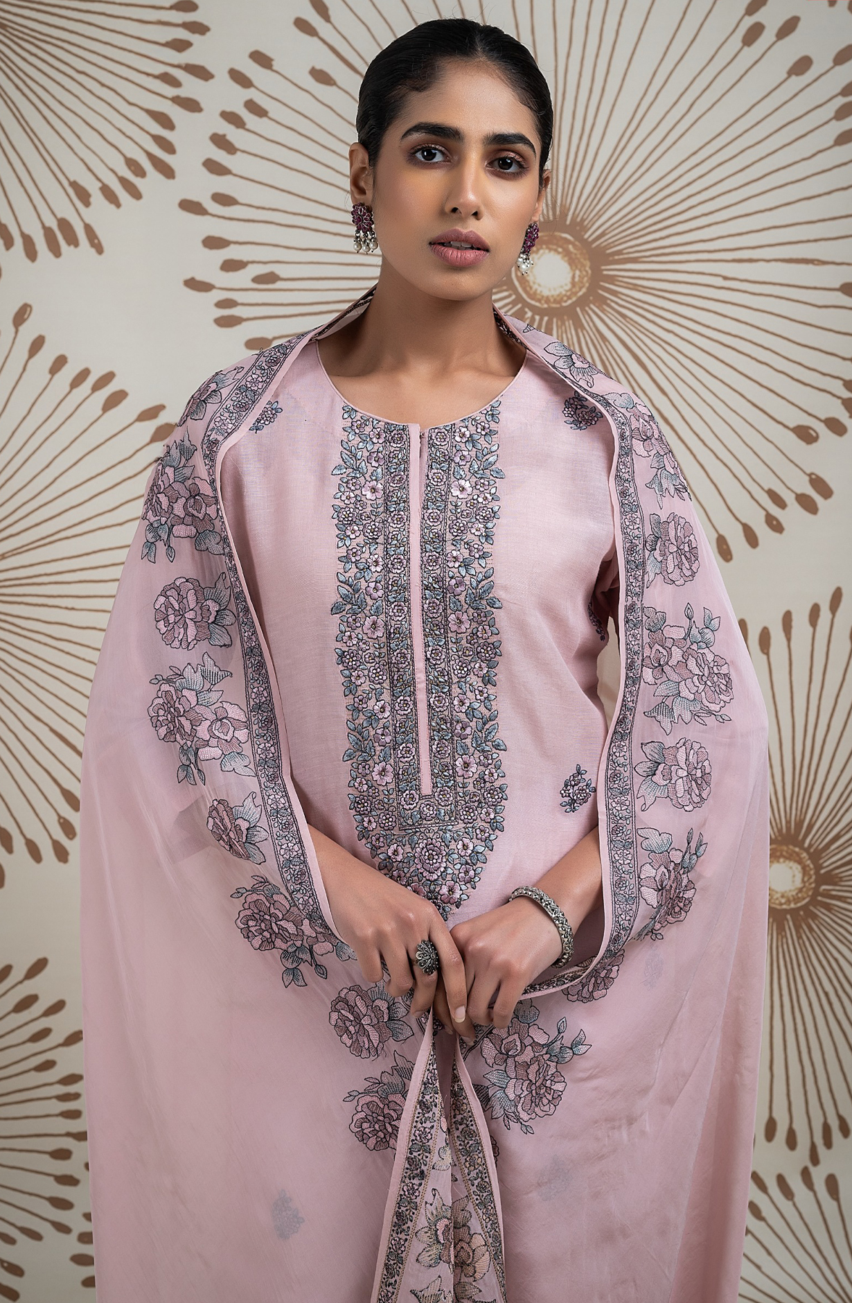 Peach Linen Embroidered Suit with Beautiful Organza Dupatta - R157-SPR2155
