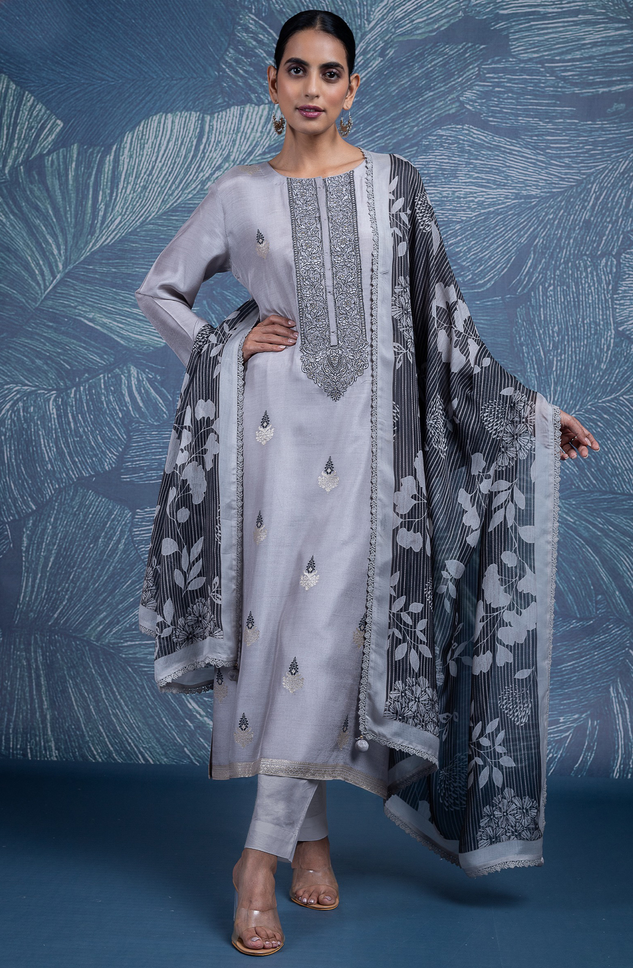 Grey Muslin Embroidered Suit with Organza Dupatta - R157-SPR2239