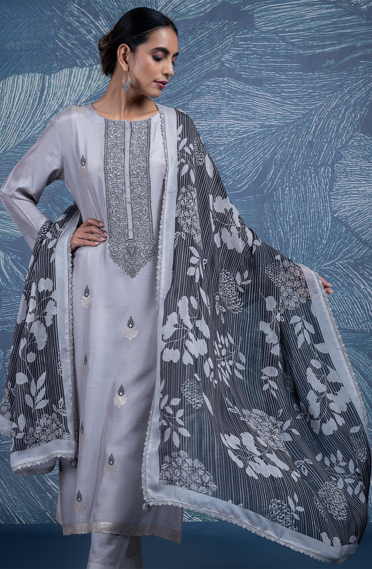 Grey Muslin Embroidered Suit with Organza Dupatta - R157-SPR2239