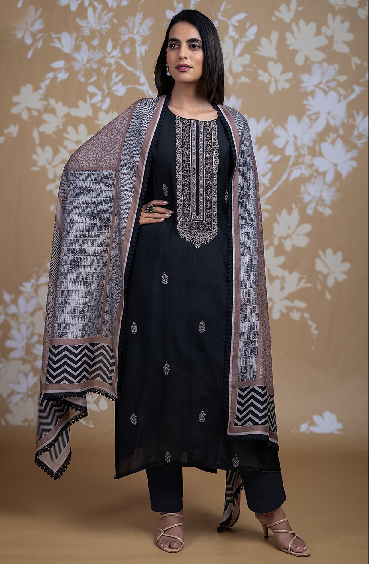 Black Muslin Embroidered Suit with Dupatta - R157-SPR2258