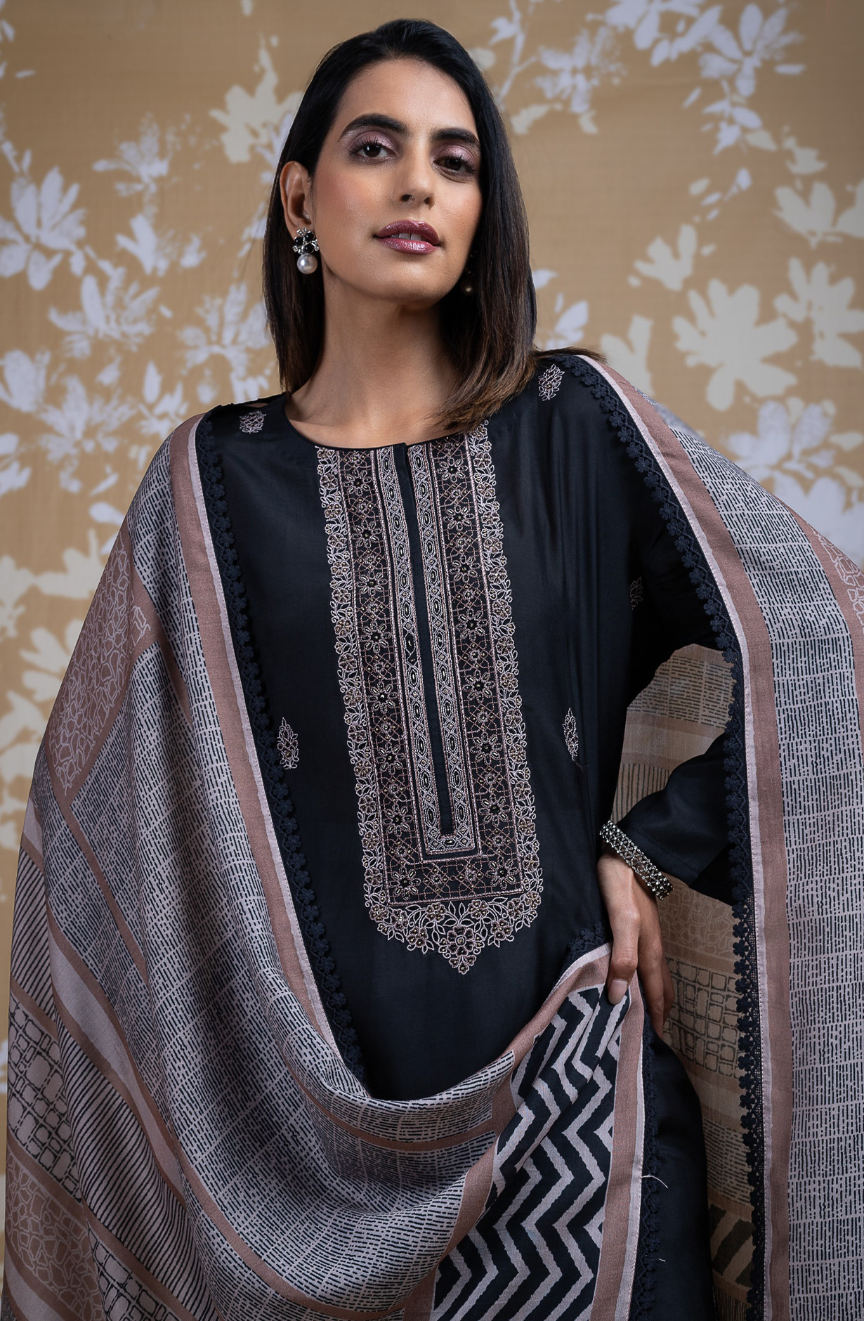 Black Muslin Embroidered Suit with Dupatta - R157-SPR2258