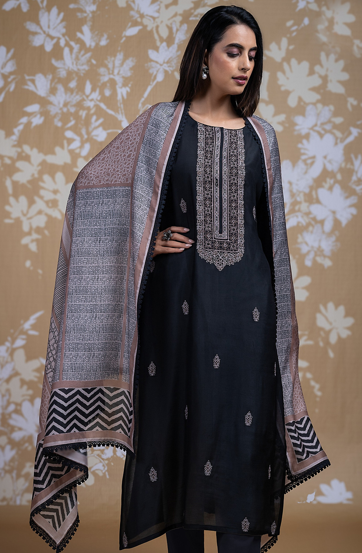 Black Muslin Embroidered Suit with Dupatta - R157-SPR2258