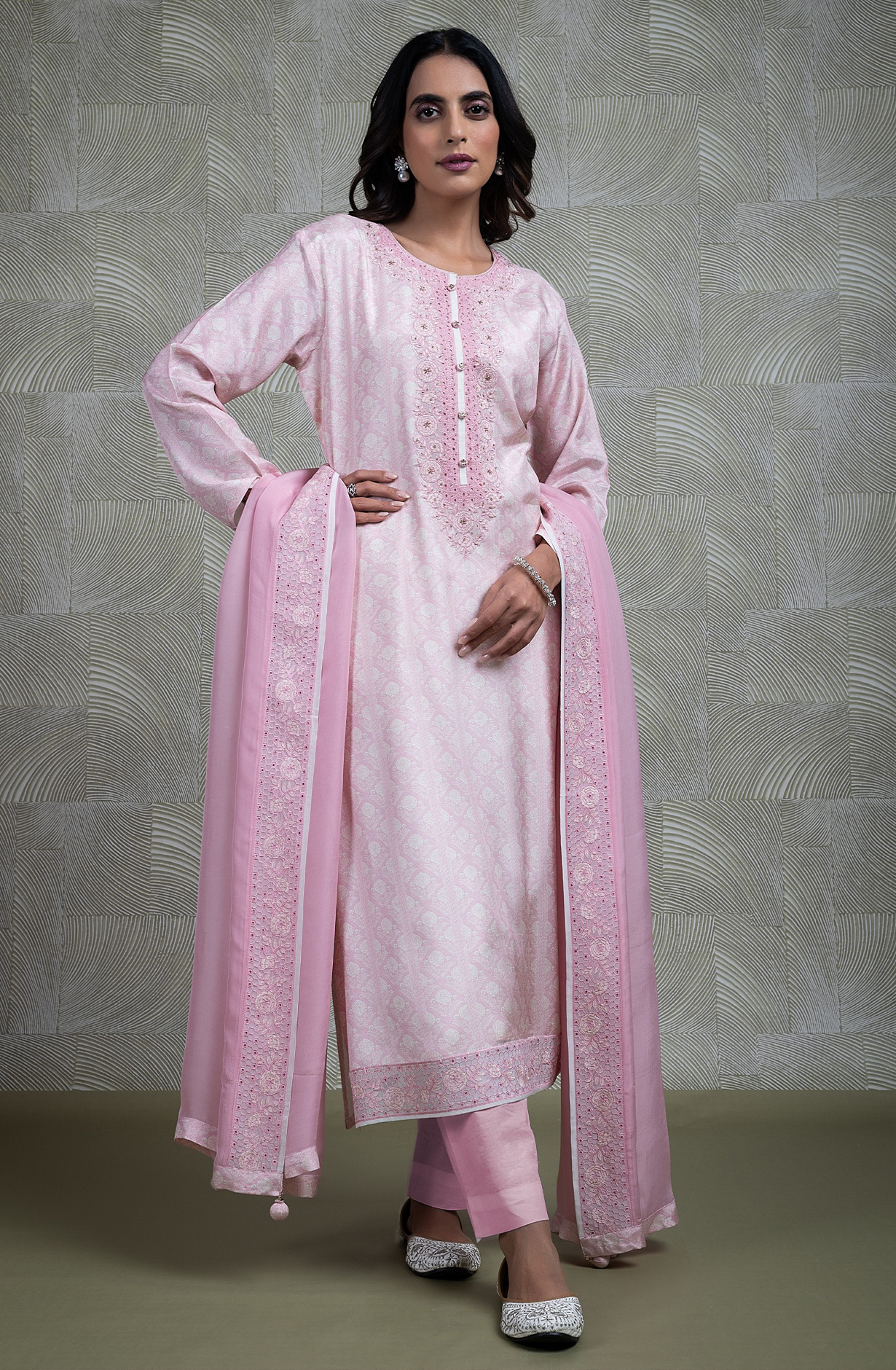 Pink Muslin Printed Handwork Suit with Chiffon Dupatta - R157-SPR2261