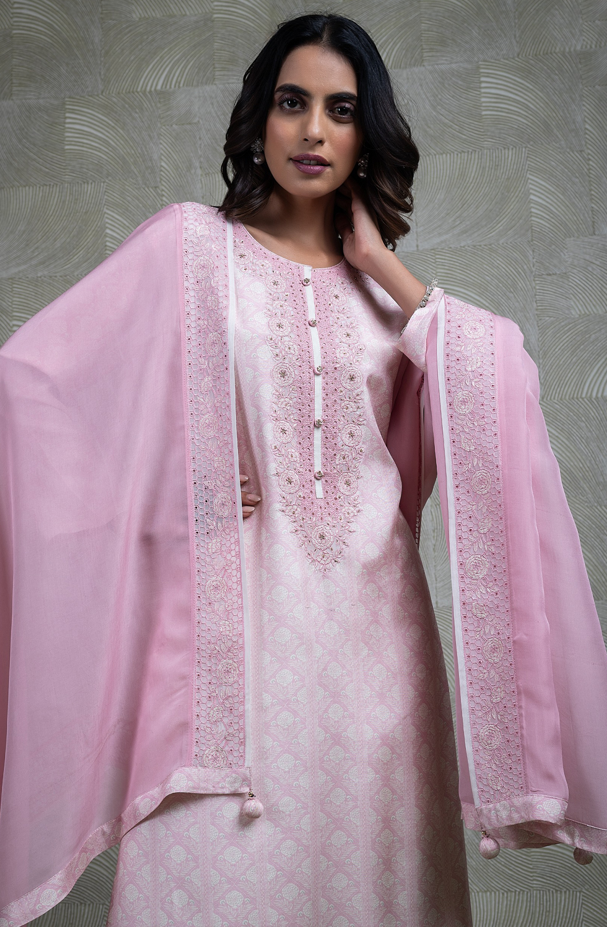 Pink Muslin Printed Handwork Suit with Chiffon Dupatta - R157-SPR2261