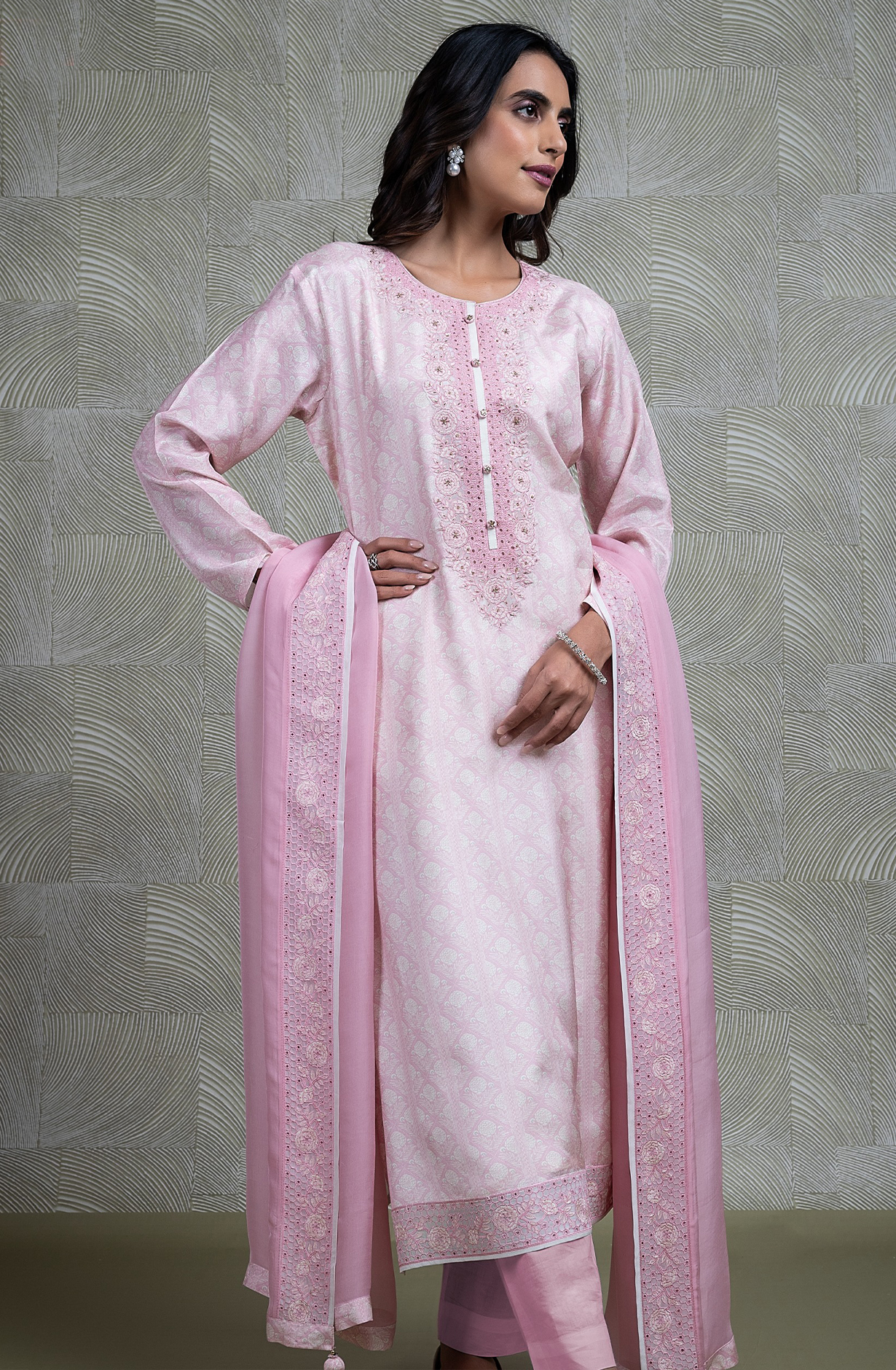 Pink Muslin Printed Handwork Suit with Chiffon Dupatta - R157-SPR2261