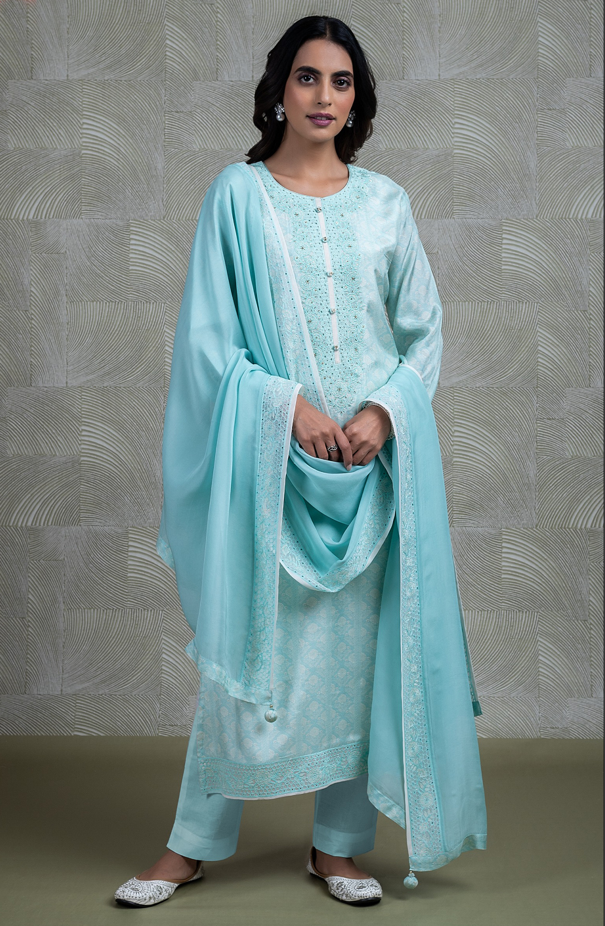 Blue Muslin Printed Handwork Suit with Chiffon Dupatta - R157-SPR2261A