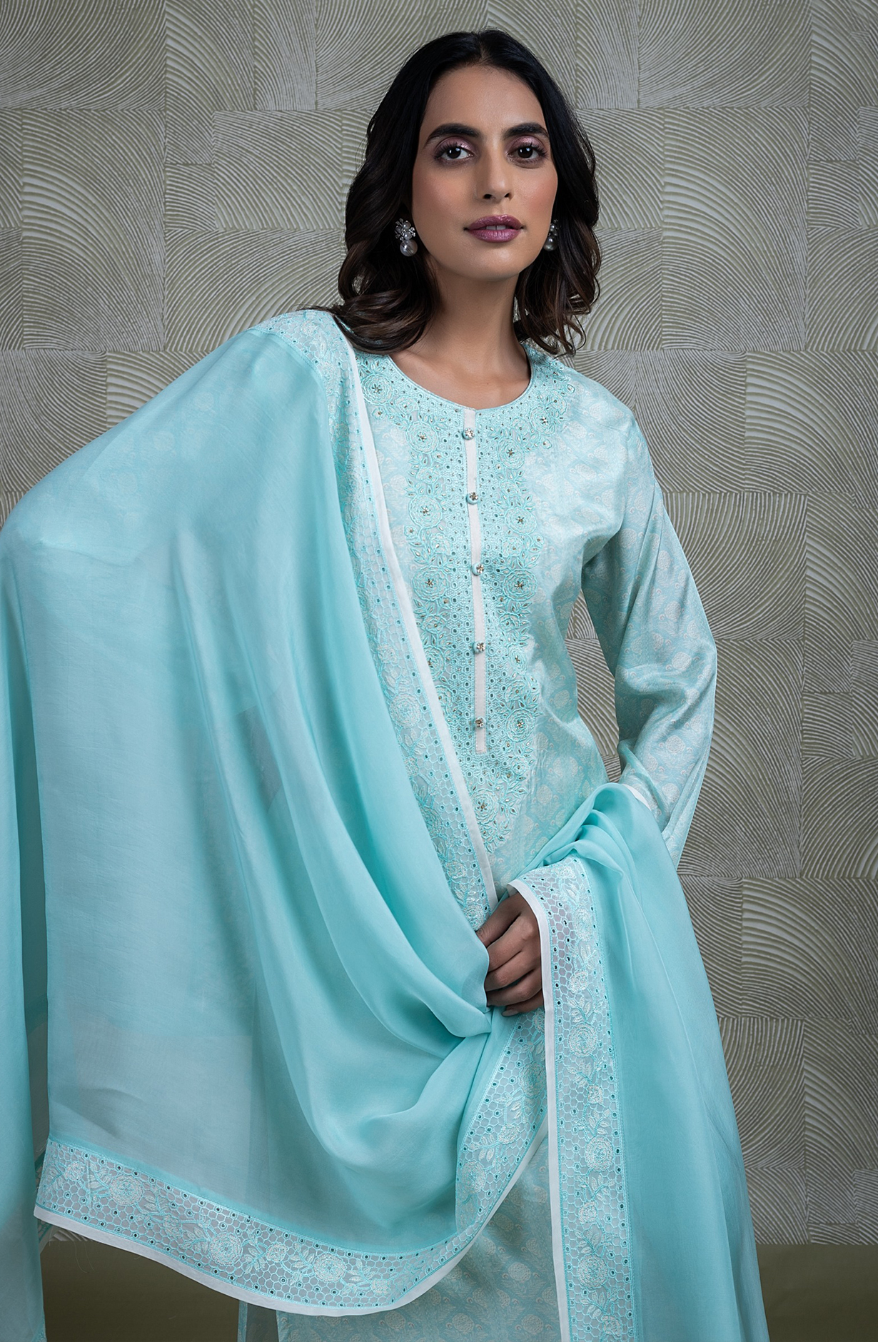 Blue Muslin Printed Handwork Suit with Chiffon Dupatta - R157-SPR2261A