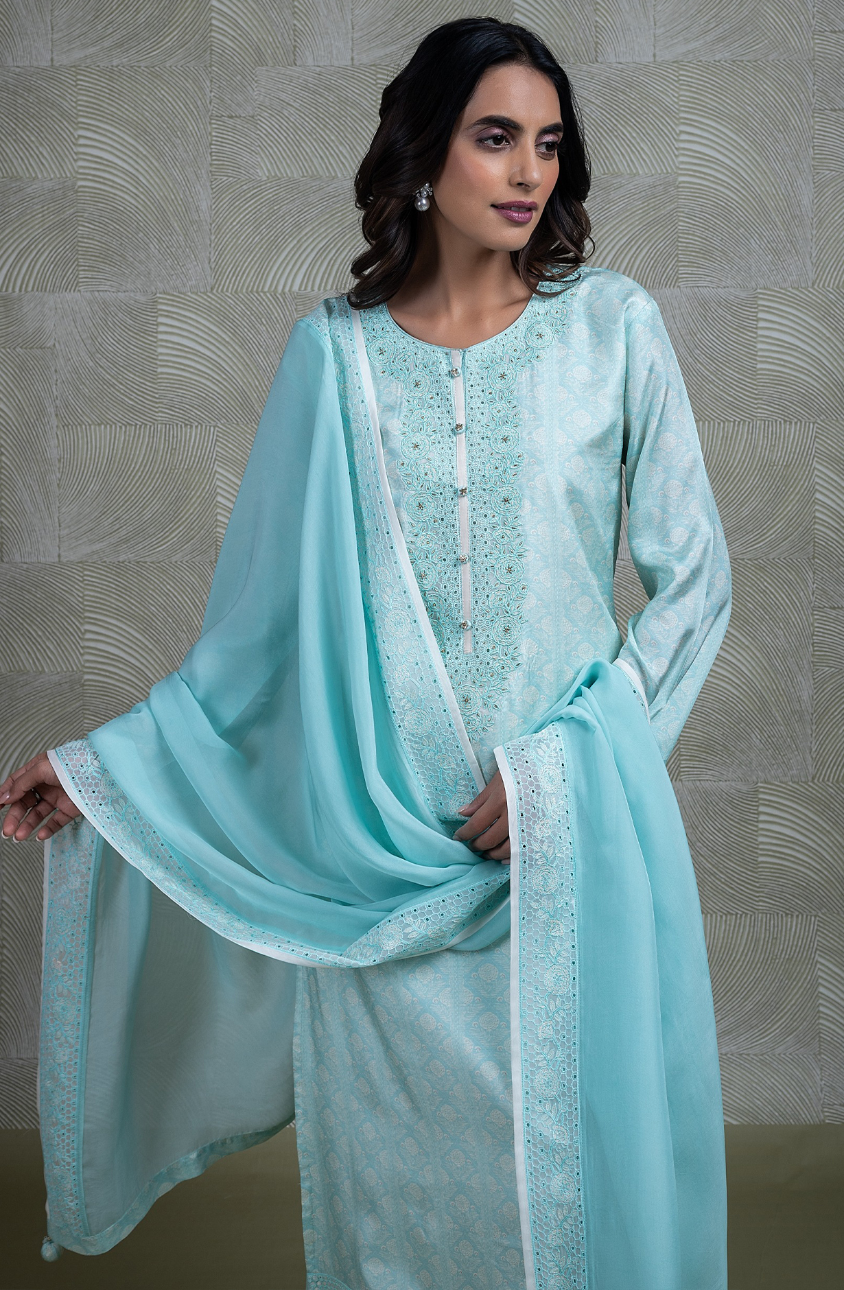 Blue Muslin Printed Handwork Suit with Chiffon Dupatta - R157-SPR2261A