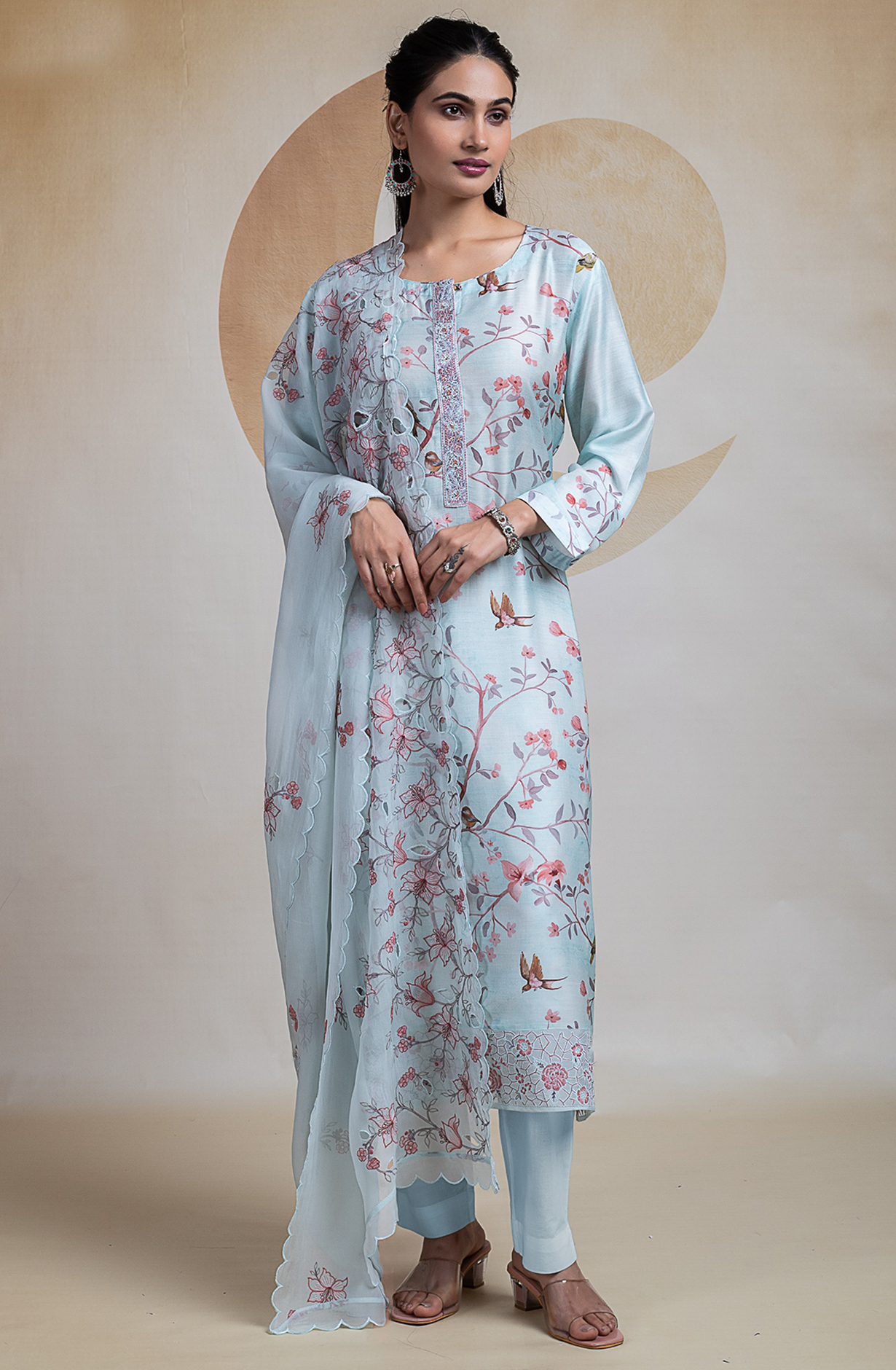Blue Muslin Suit set with Organza Dupatta - R157-SPR2268