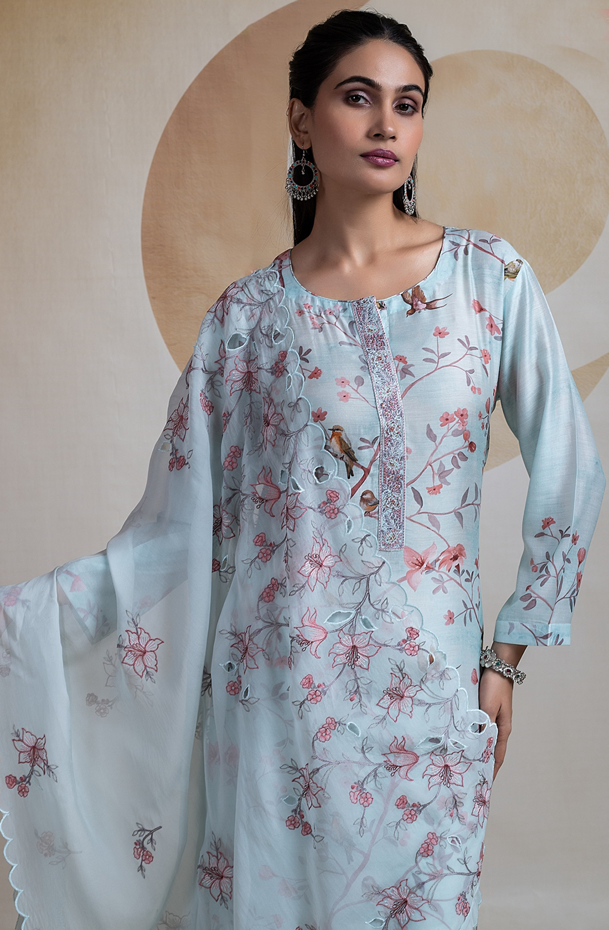 Blue Muslin Suit set with Organza Dupatta - R157-SPR2268