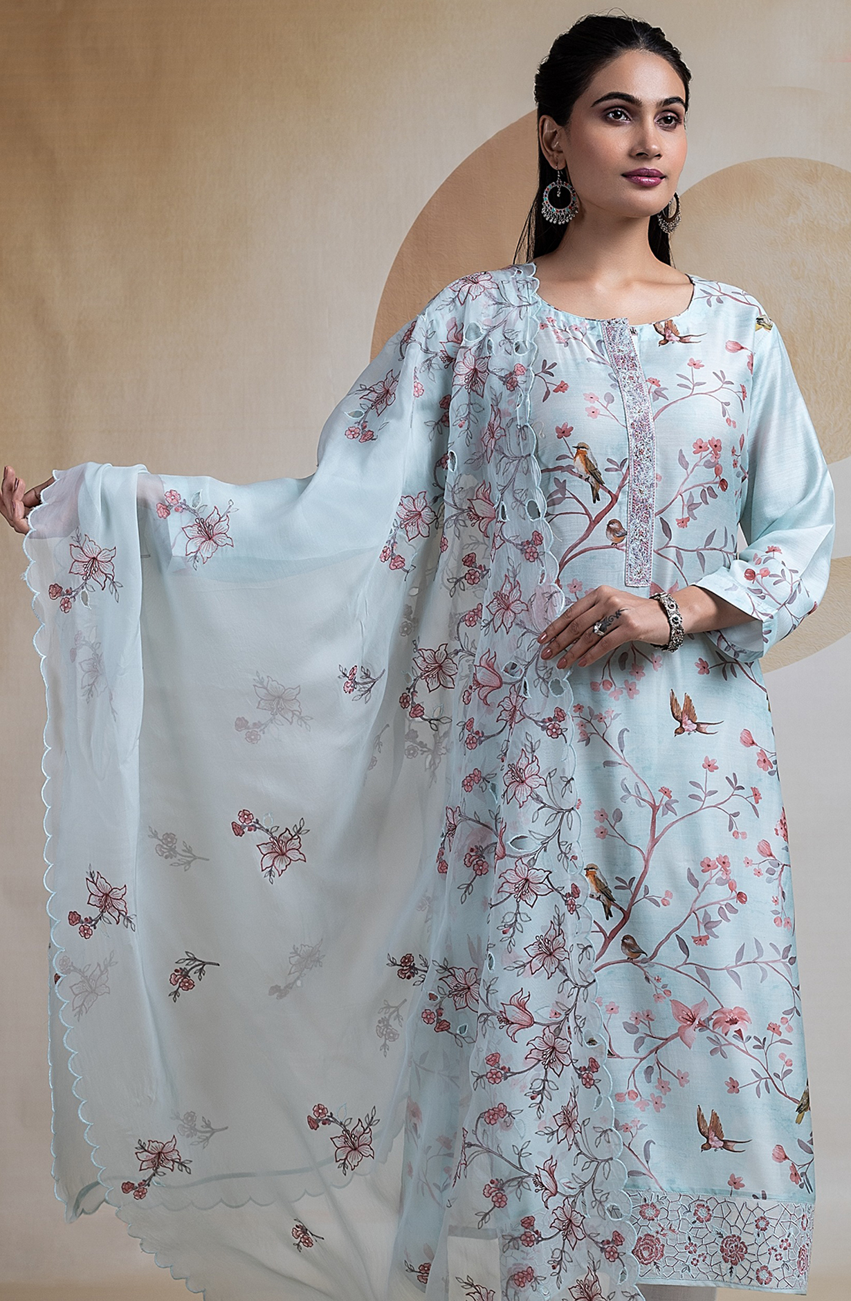 Blue Muslin Suit set with Organza Dupatta - R157-SPR2268