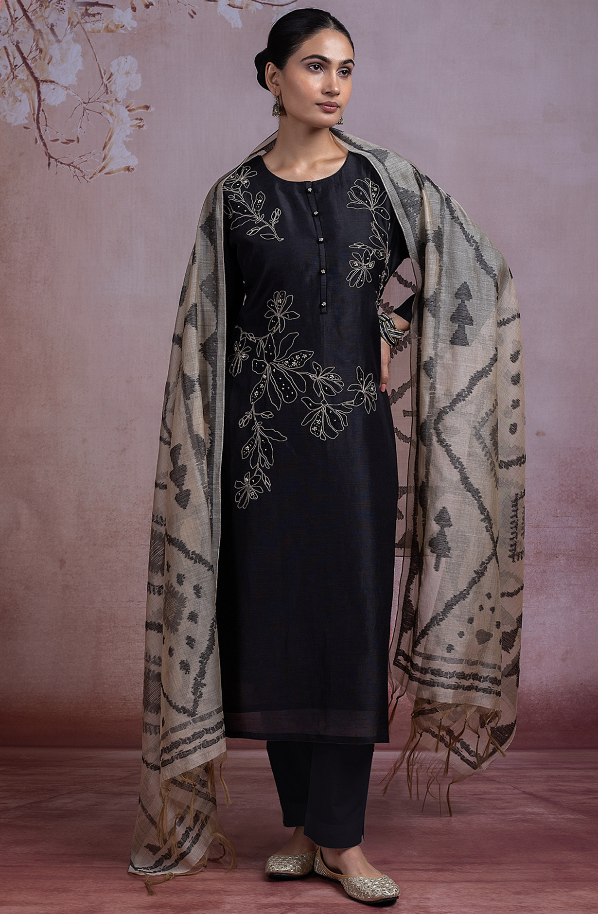 Black Linen Embroidered Suit with Linen Dupatta - R157-SPR2273