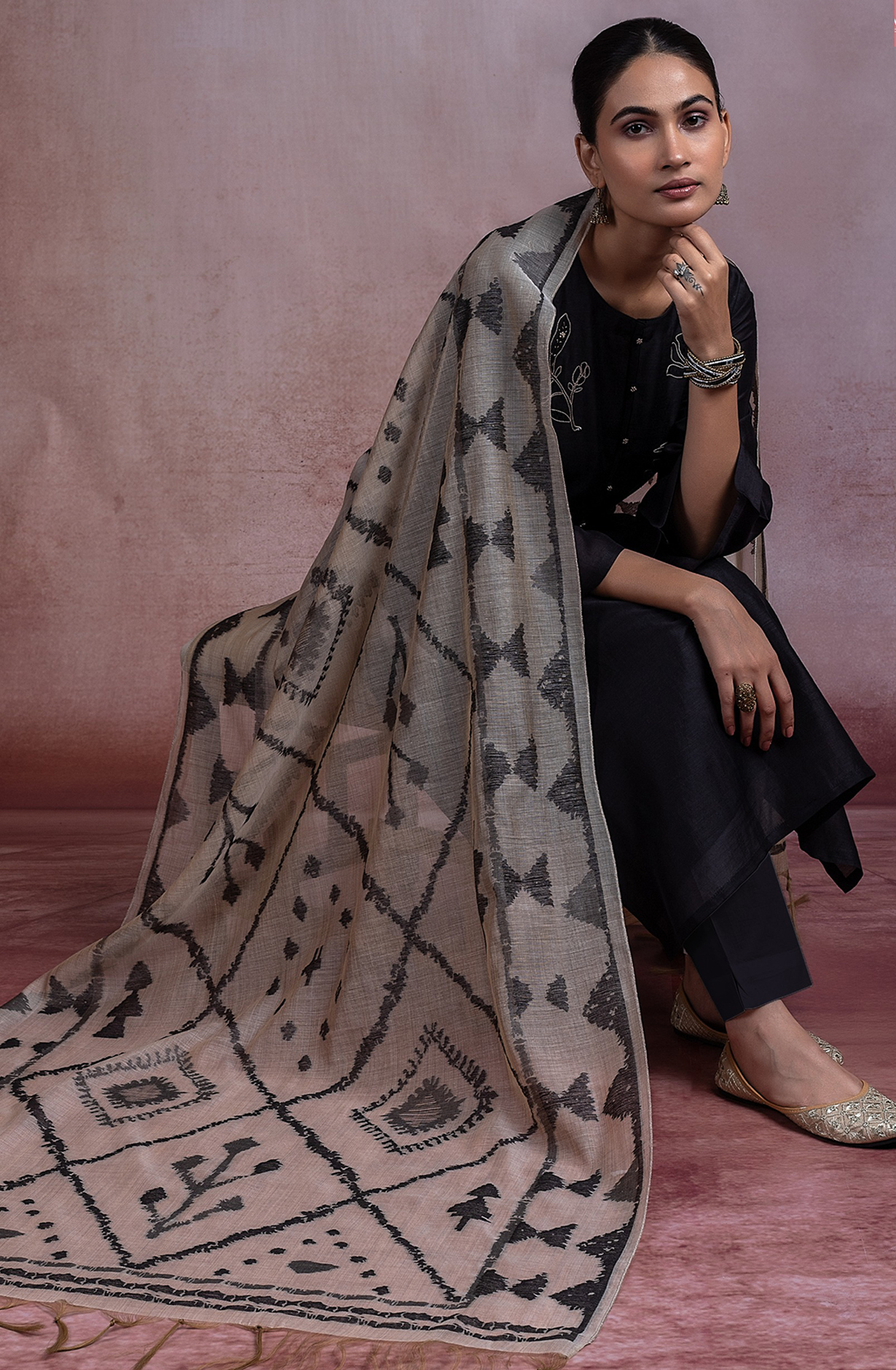 Black Linen Embroidered Suit with Linen Dupatta - R157-SPR2273