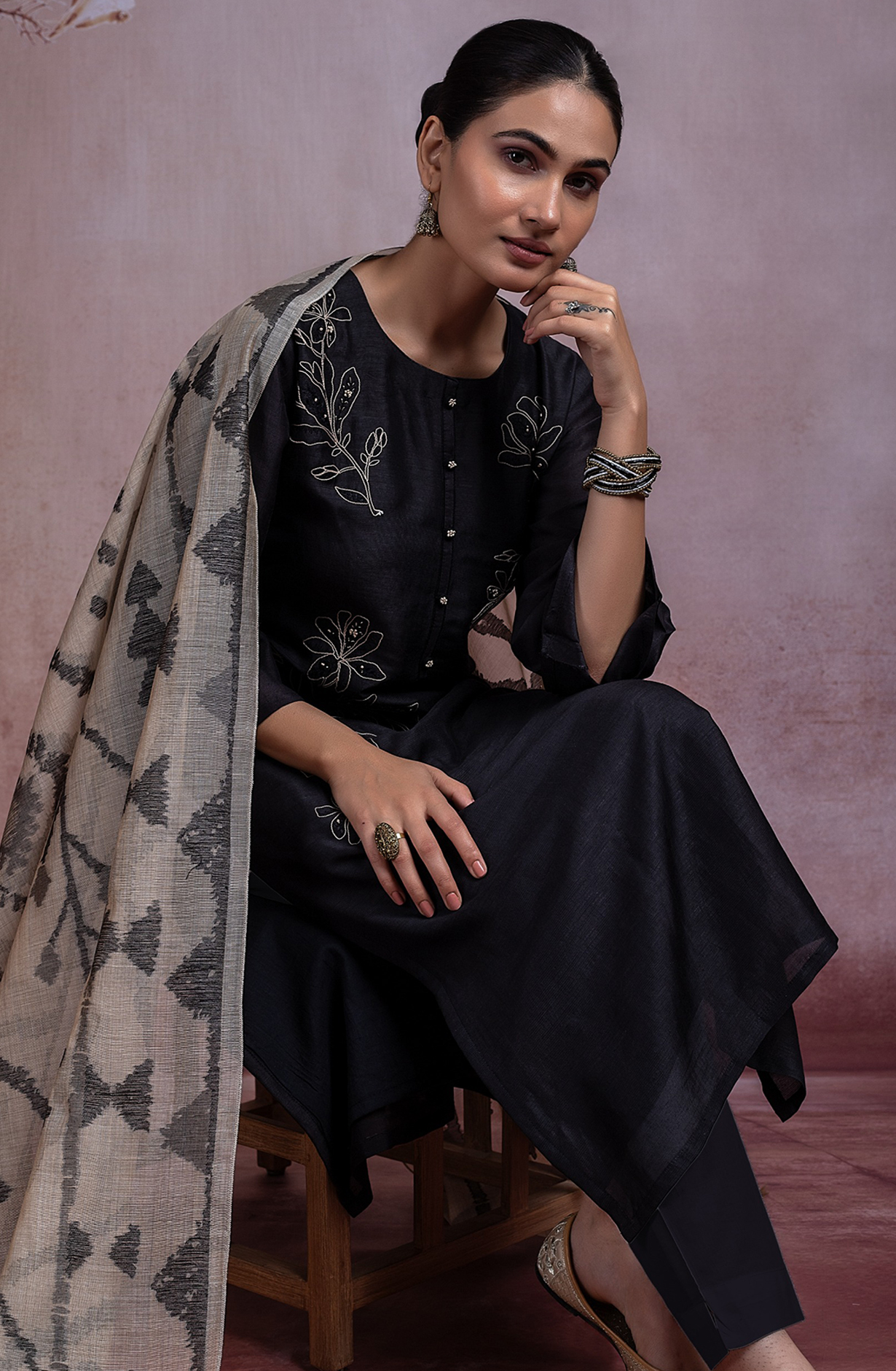 Black Linen Embroidered Suit with Linen Dupatta - R157-SPR2273