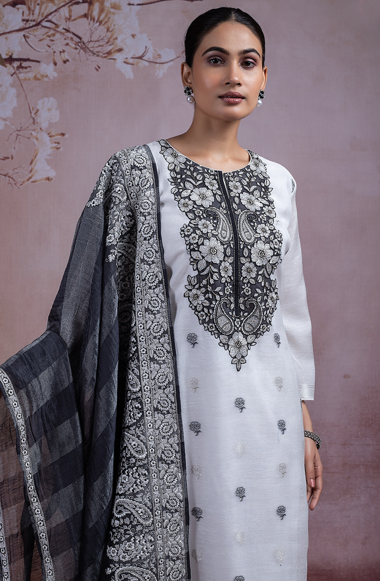 Black Embroidered Linen Suit set with Linen Dupatta -R157-SPR2281A