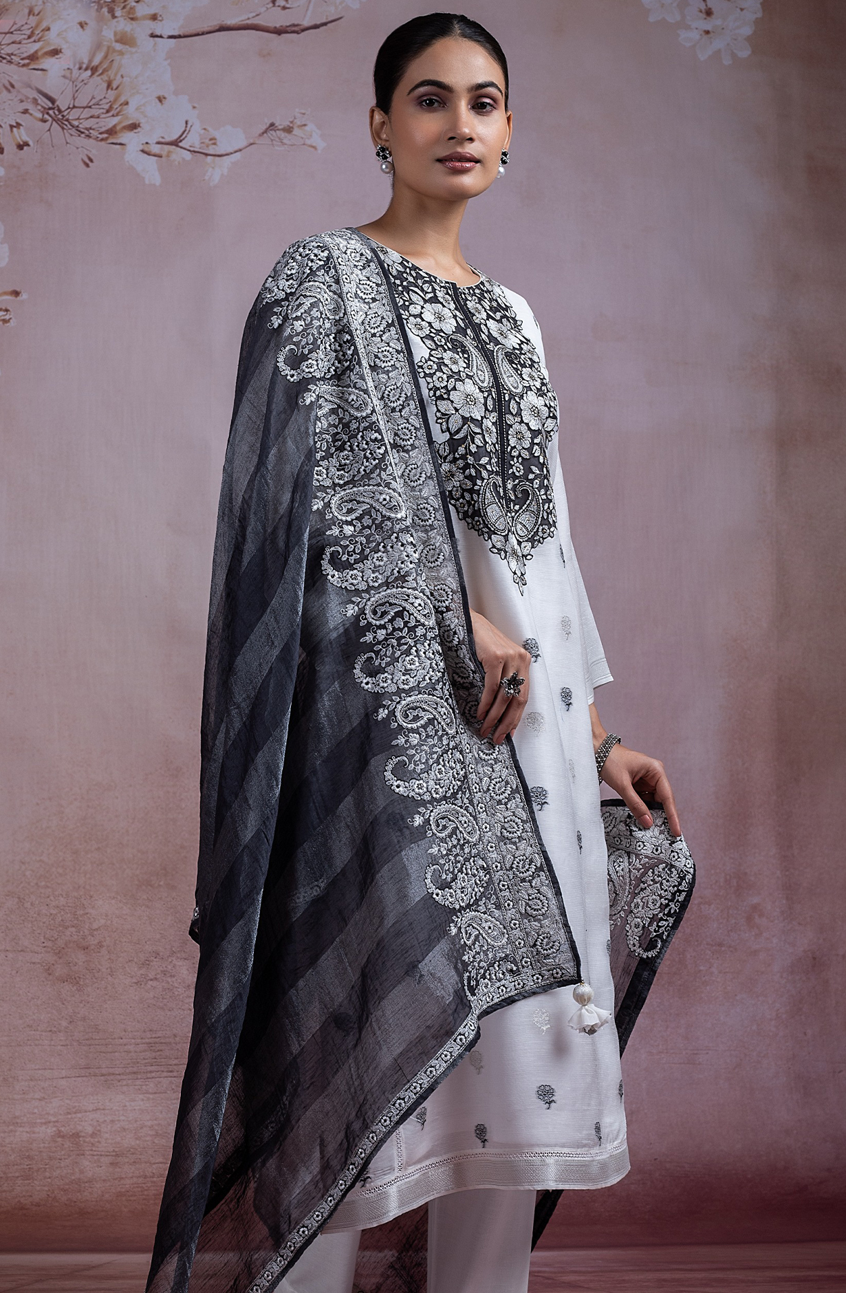 Black Embroidered Linen Suit set with Linen Dupatta -R157-SPR2281A