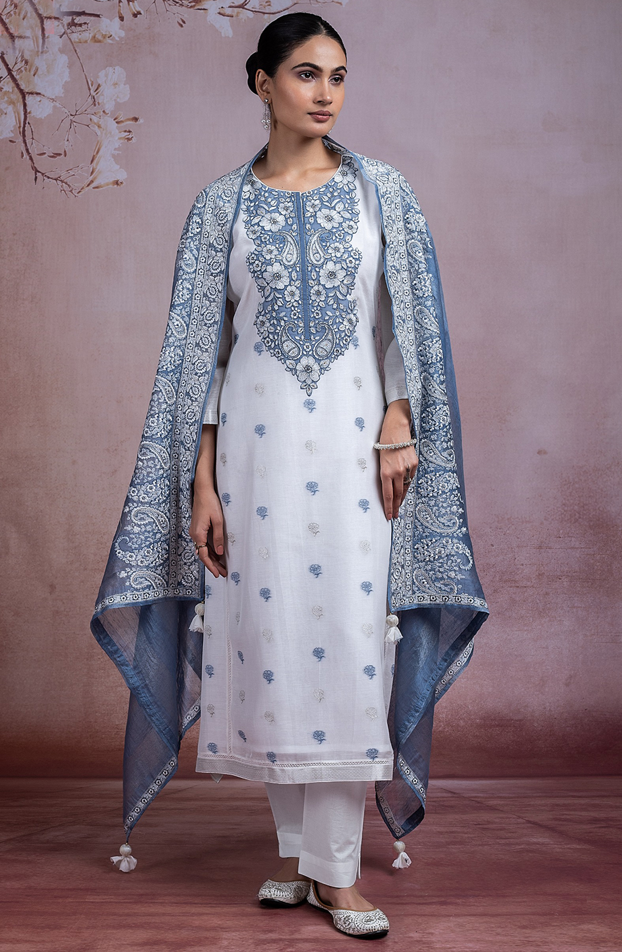 Blue Embroidered Linen Suit set with Linen Dupatta -R157-SPR2281B