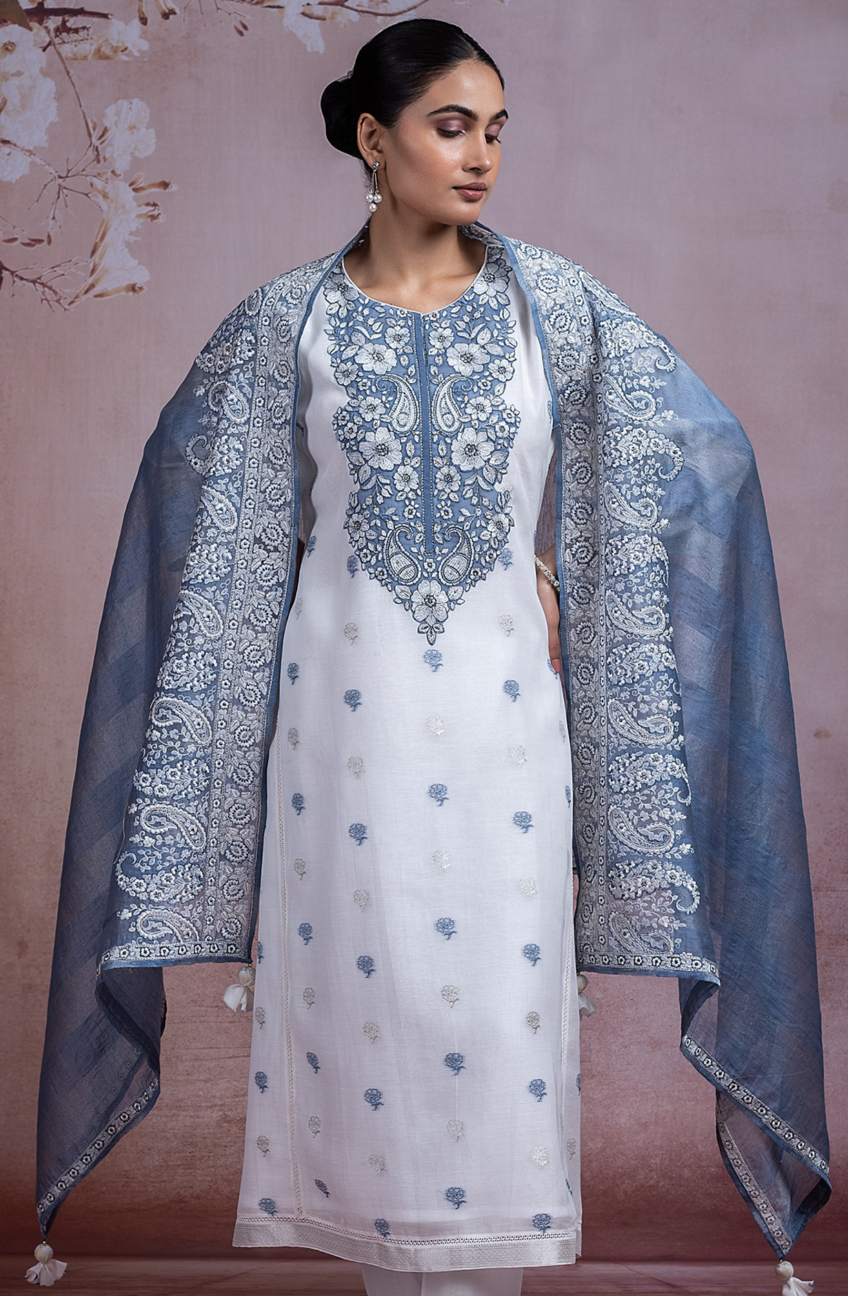 Blue Embroidered Linen Suit set with Linen Dupatta -R157-SPR2281B