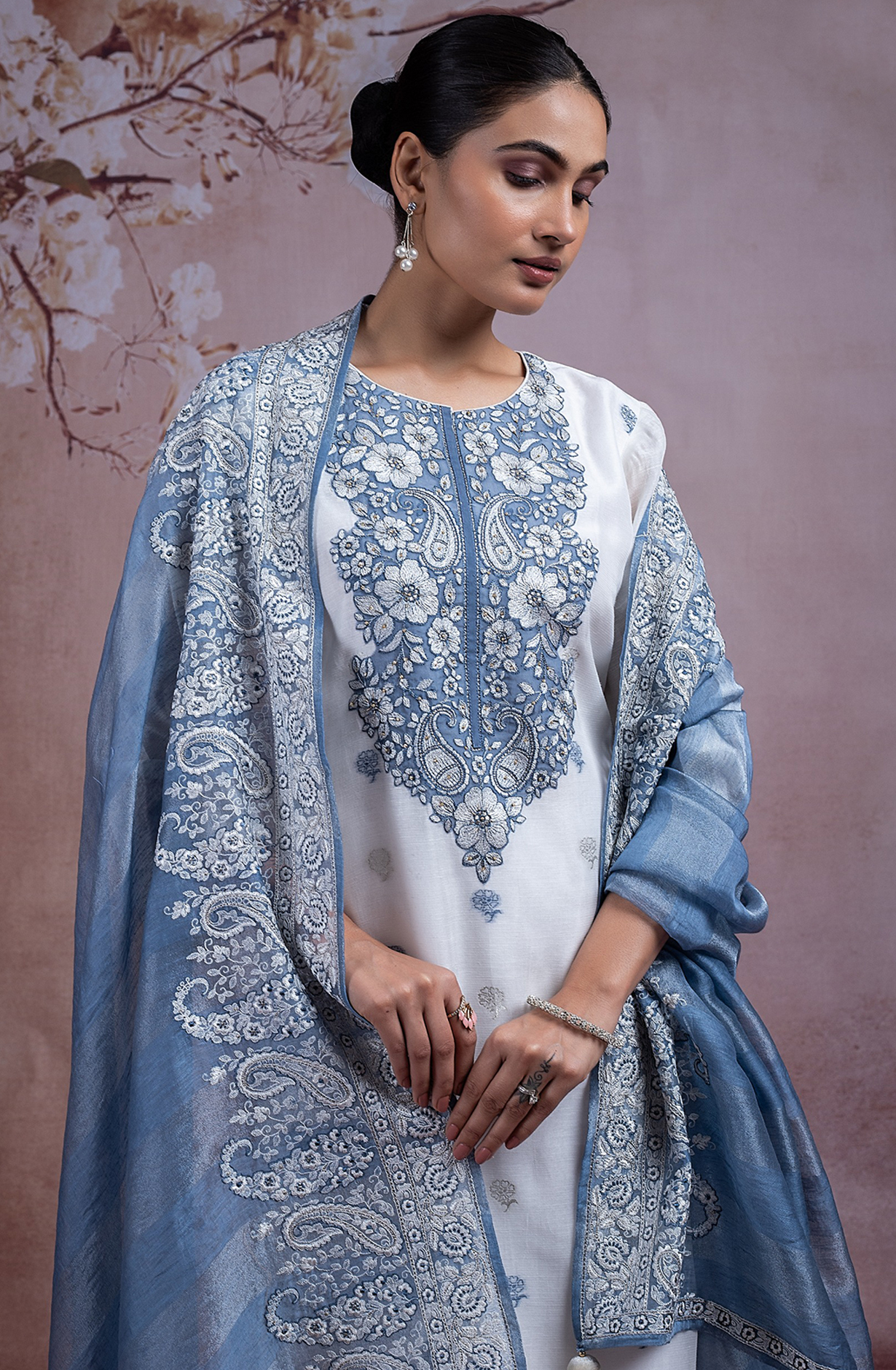 Blue Embroidered Linen Suit set with Linen Dupatta -R157-SPR2281B