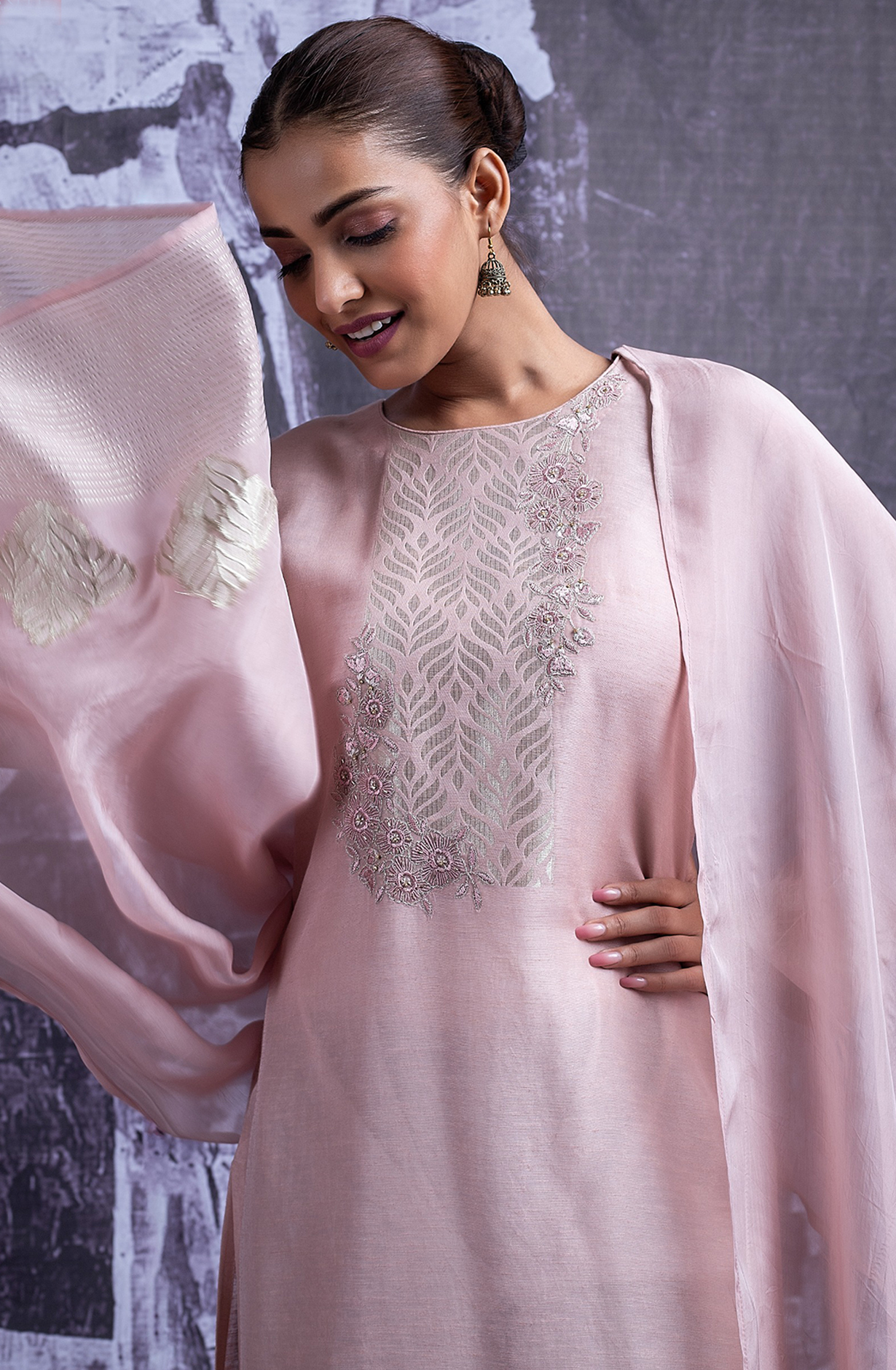 Pink Linen Jacquard Suit with Organza Dupatta -R157-SPR2302B