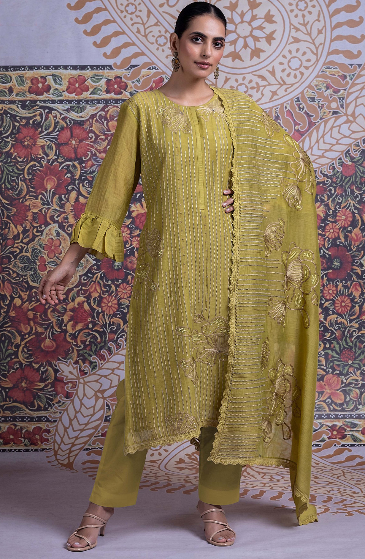 Mehndi Mul Chanderi Suit with Dupatta - R157-SPR2335A