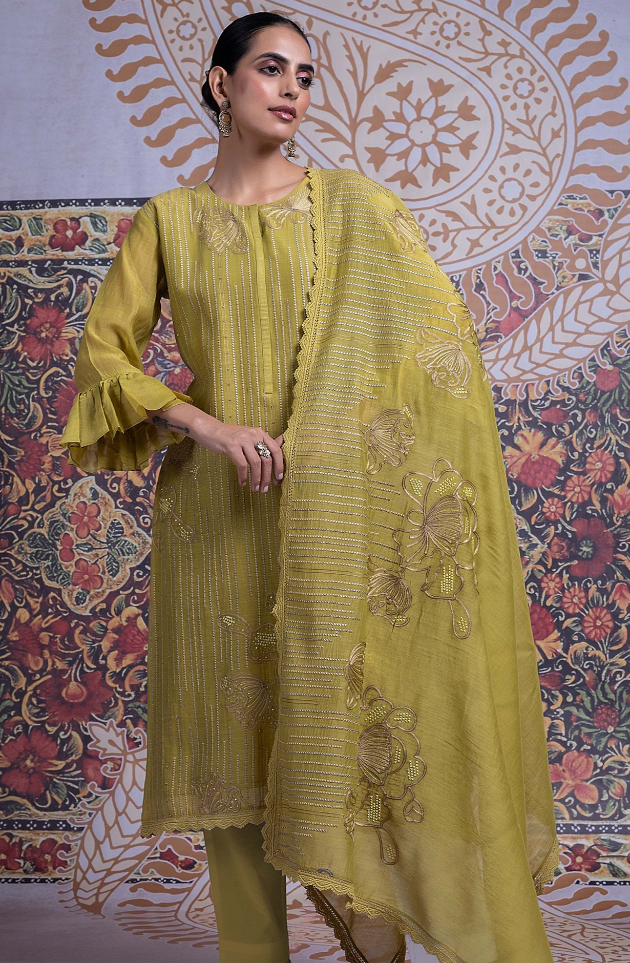 Mehndi Mul Chanderi Suit with Dupatta - R157-SPR2335A