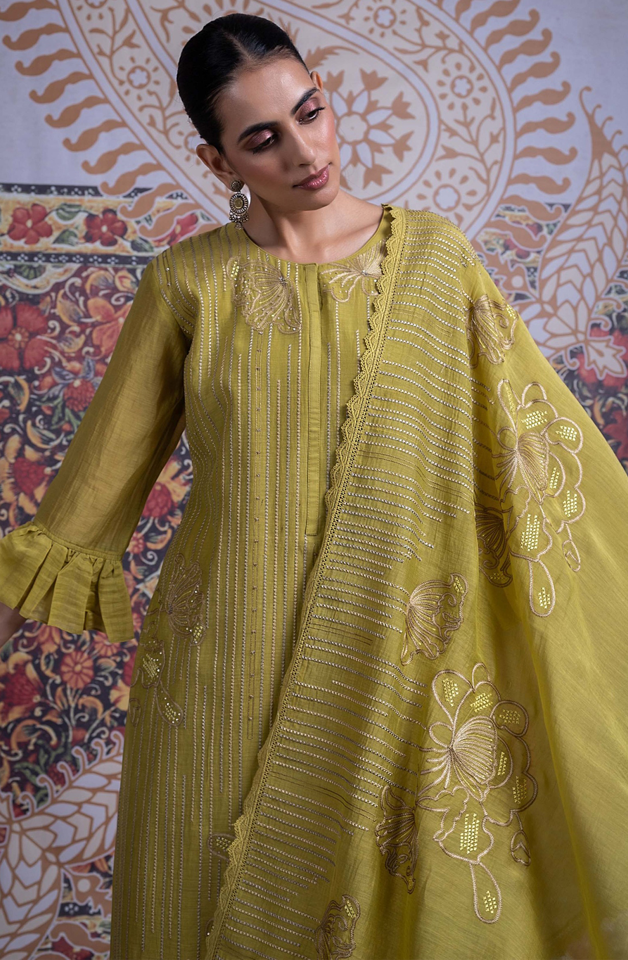 Mehndi Mul Chanderi Suit with Dupatta - R157-SPR2335A