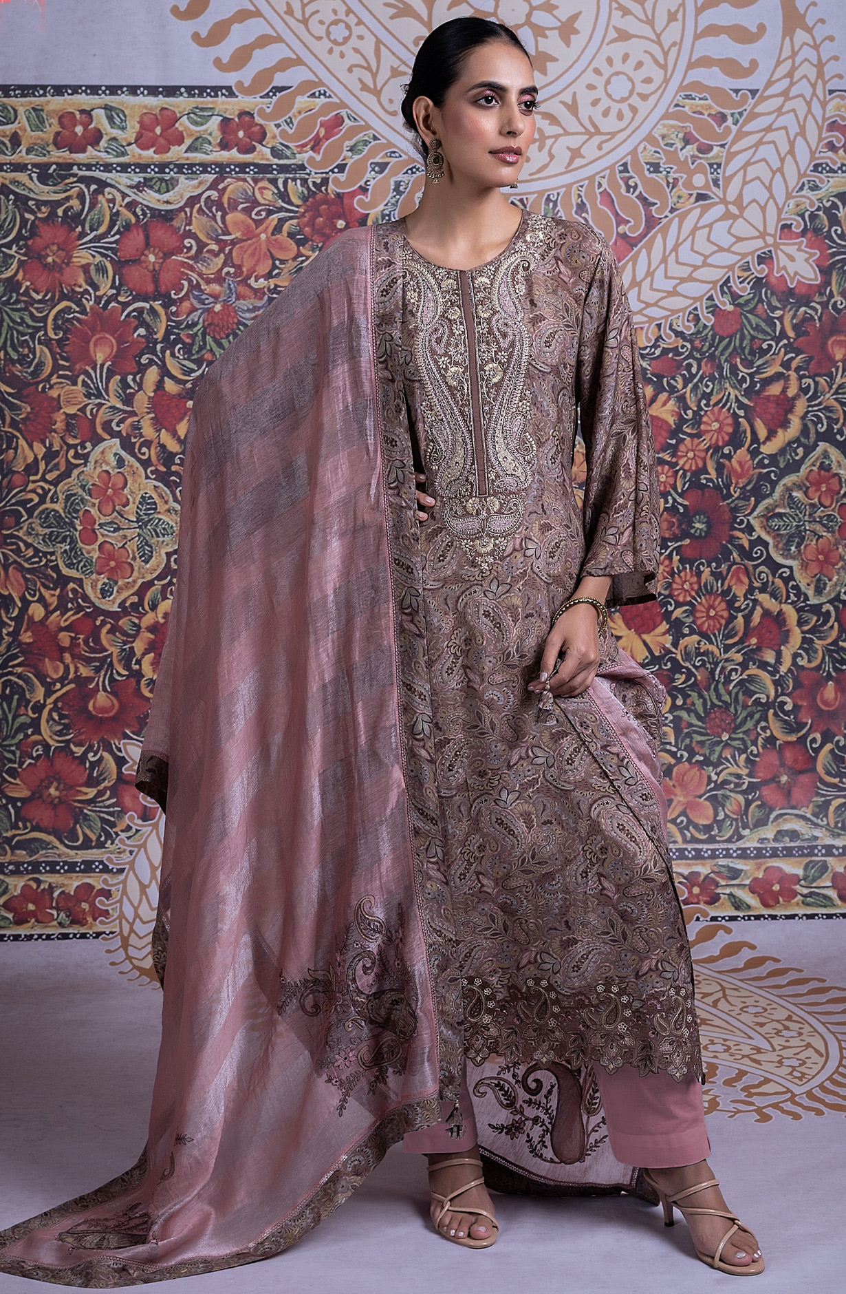 Brown Muslin Printed Embroidered Suit with Dupatta - R157-SPR2339