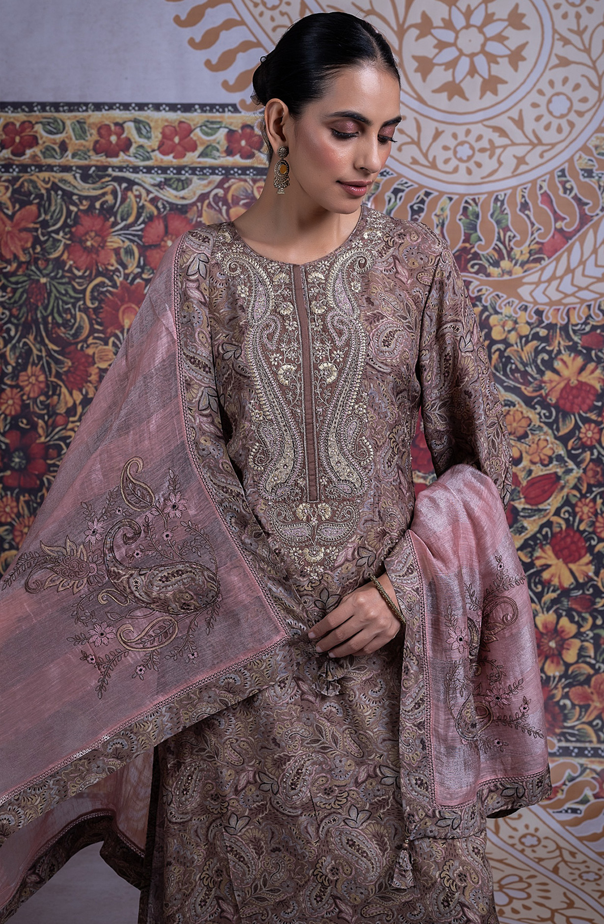 Brown Muslin Printed Embroidered Suit with Dupatta - R157-SPR2339