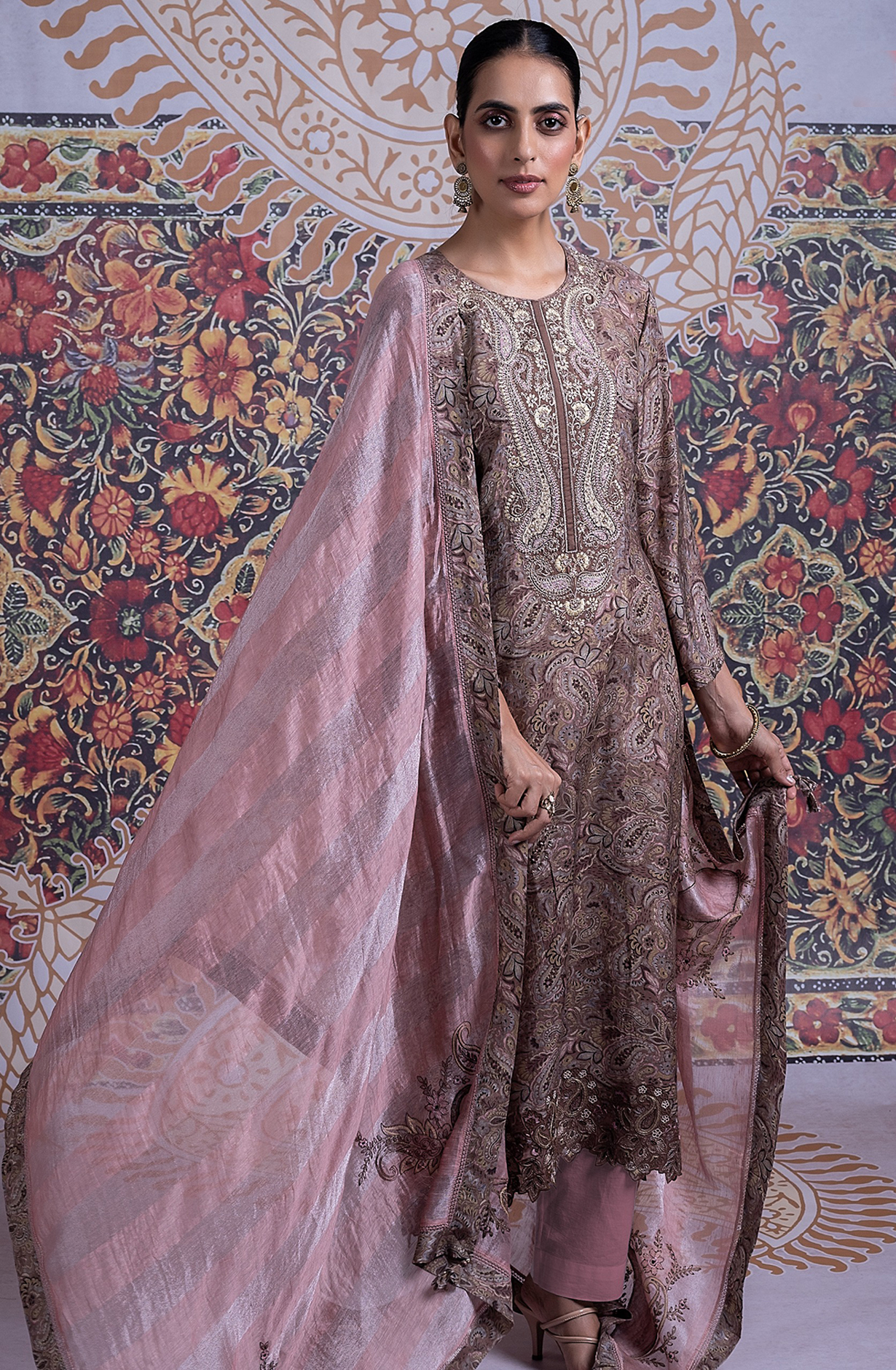 Brown Muslin Printed Embroidered Suit with Dupatta - R157-SPR2339