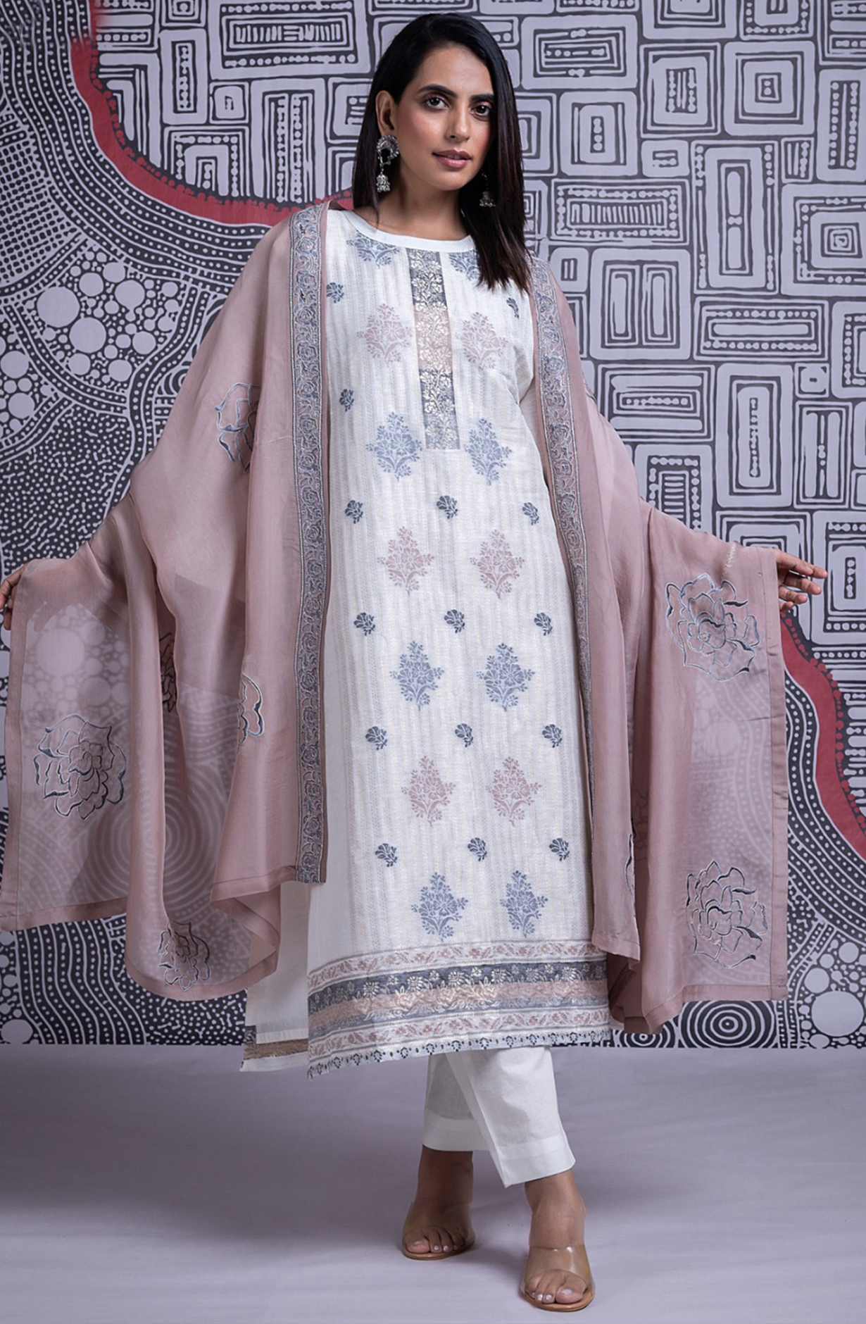 Off White Organic Linen Jacquard Suit with Dupatta - R157-SPR2362A