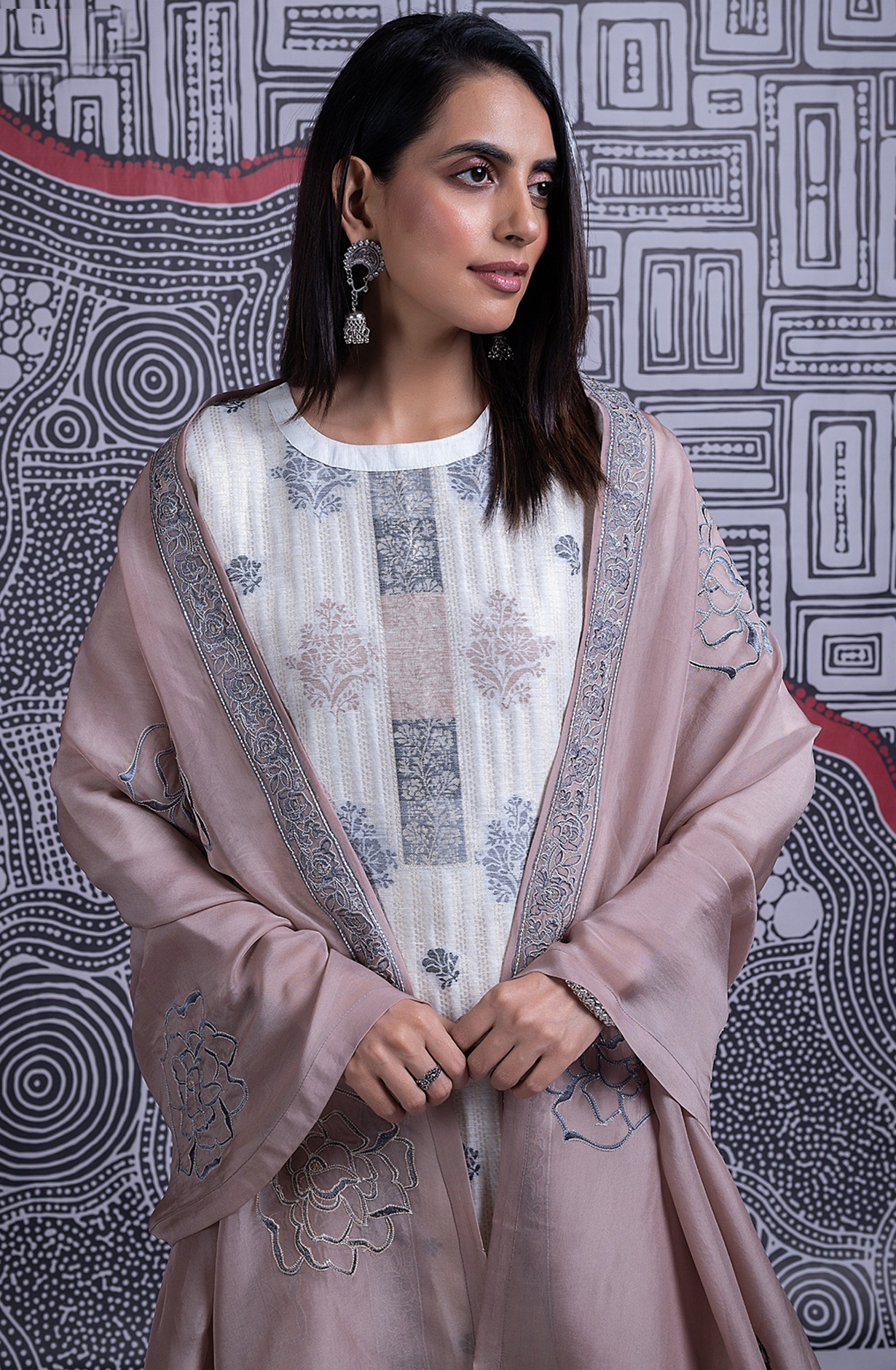 Off White Organic Linen Jacquard Suit with Dupatta - R157-SPR2362A