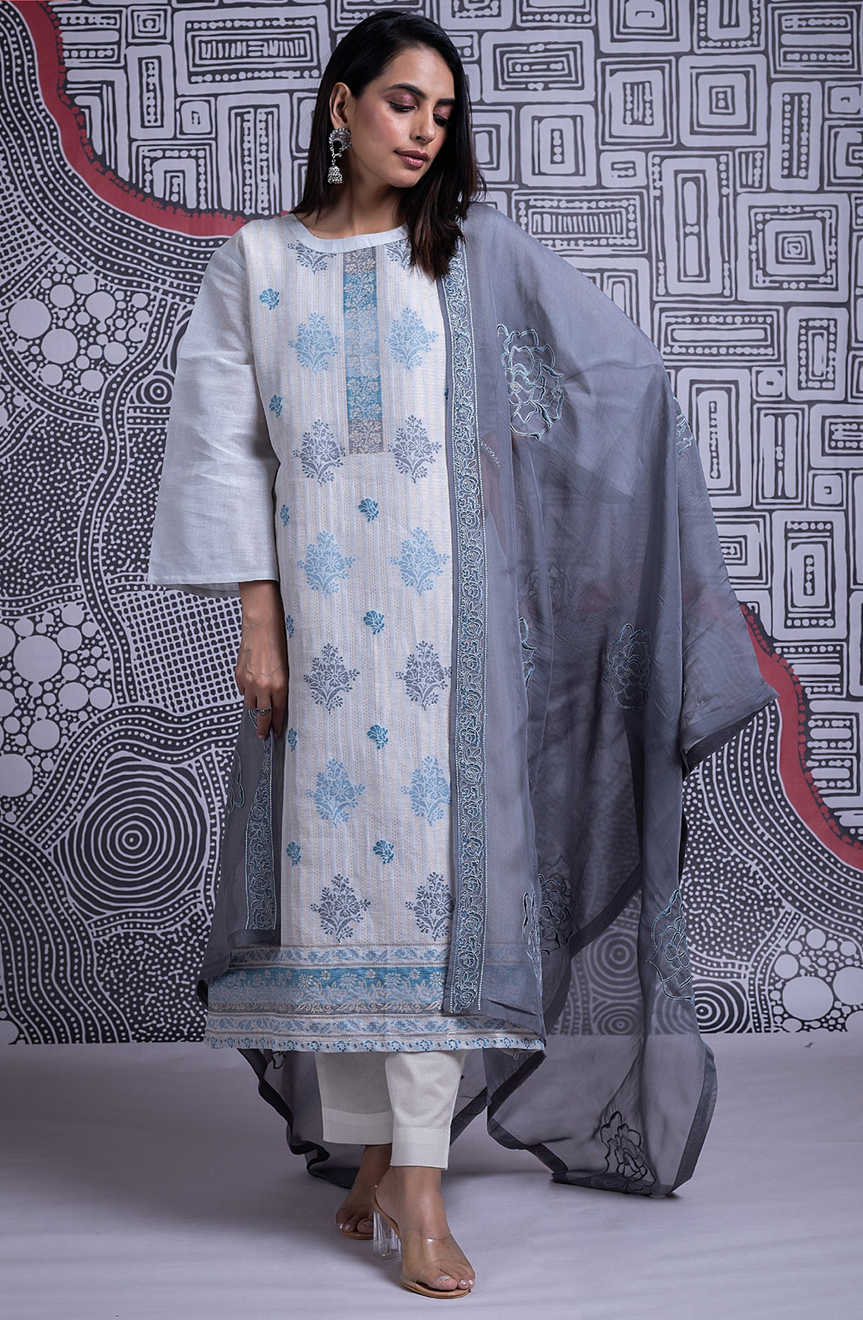 Grey Organic Linen Jacquard Suit with Dupatta - R157-SPR2362C