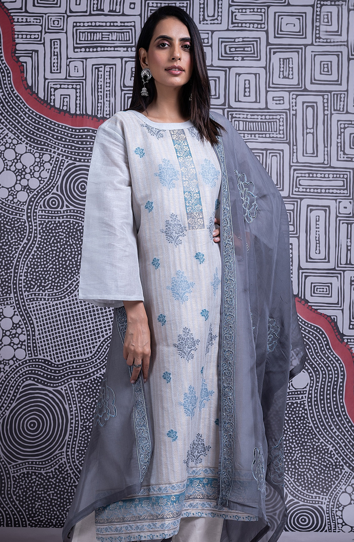 Grey Organic Linen Jacquard Suit with Dupatta - R157-SPR2362C