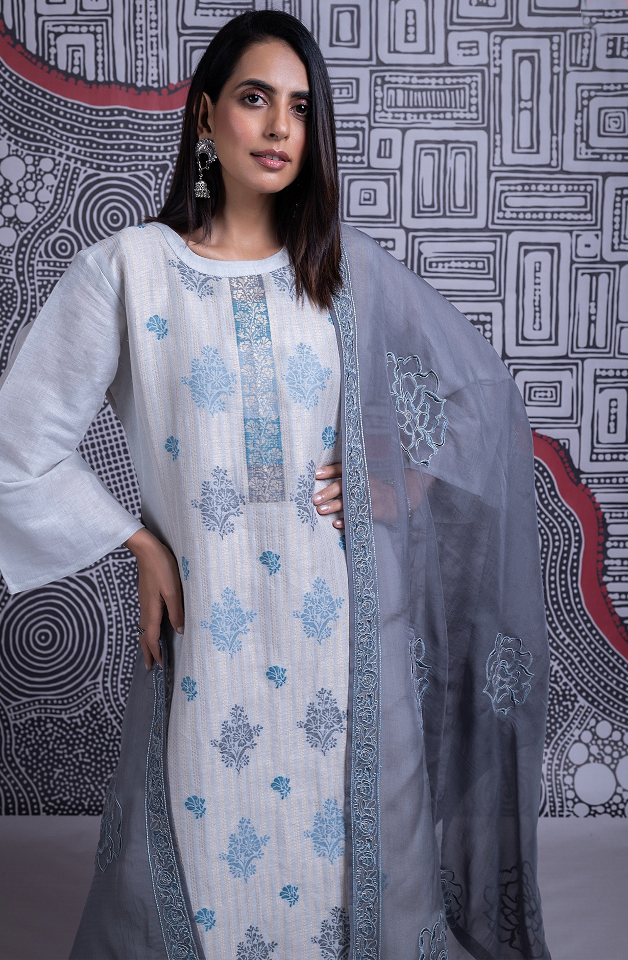 Grey Organic Linen Jacquard Suit with Dupatta - R157-SPR2362C