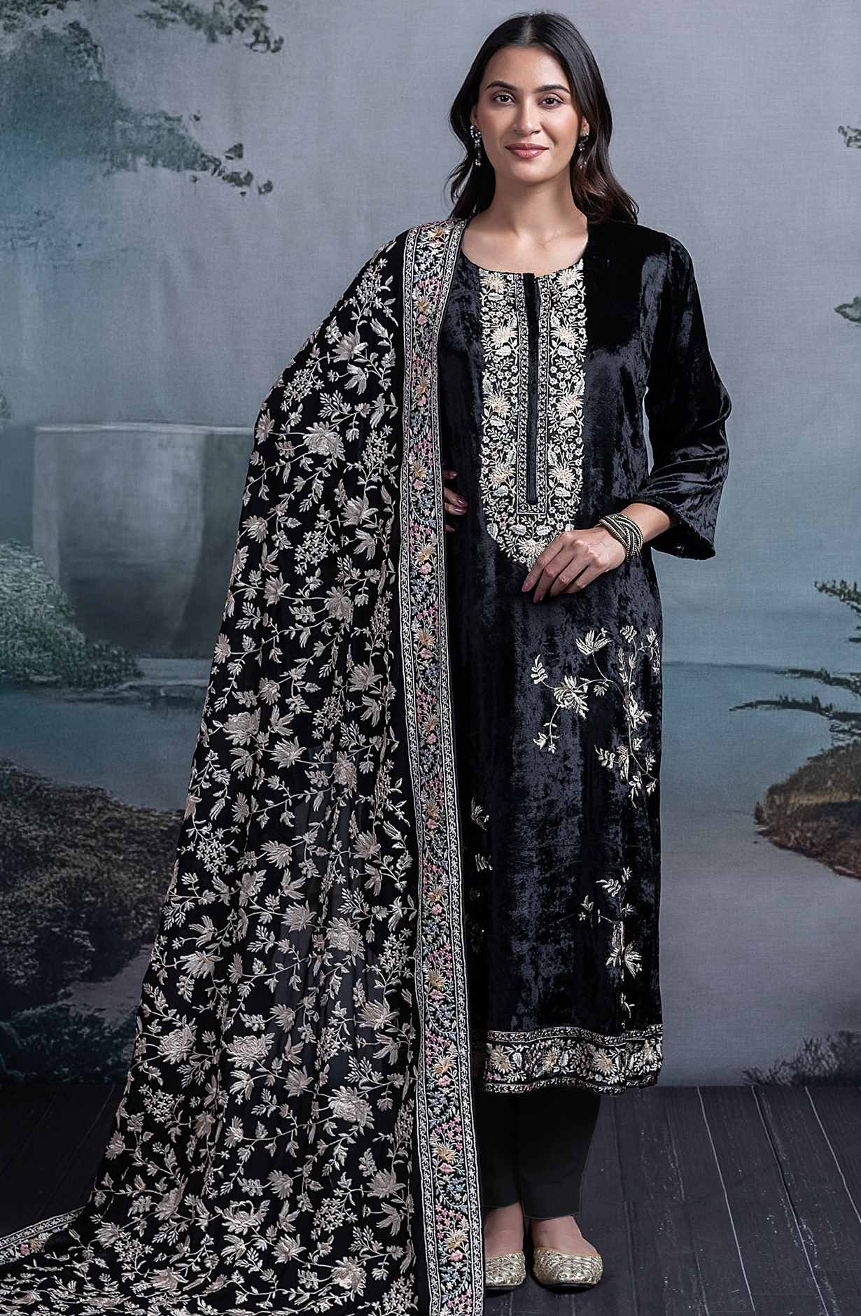 Black Velvet Embroidered Suit Set with Dupatta - R157-SPR2378