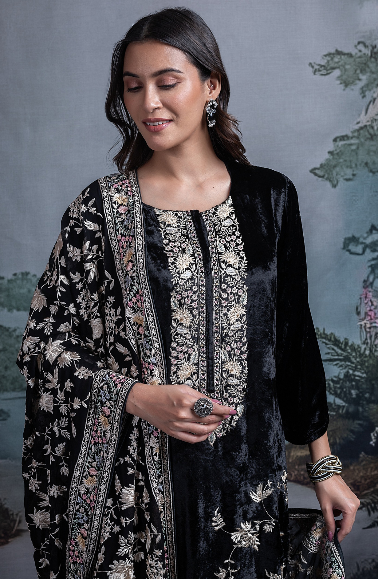 Black Velvet Embroidered Suit Set with Dupatta - R157-SPR2378