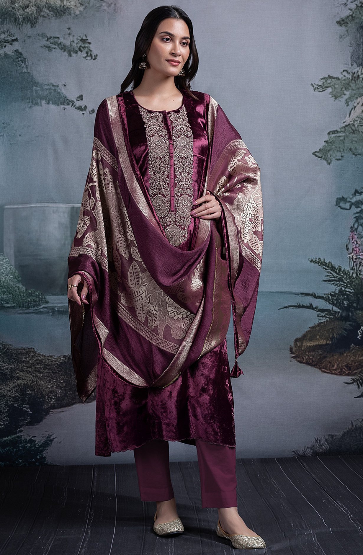 Maroon Velvet Embroidered Suit Set with Dupatta - R157-SPR2390