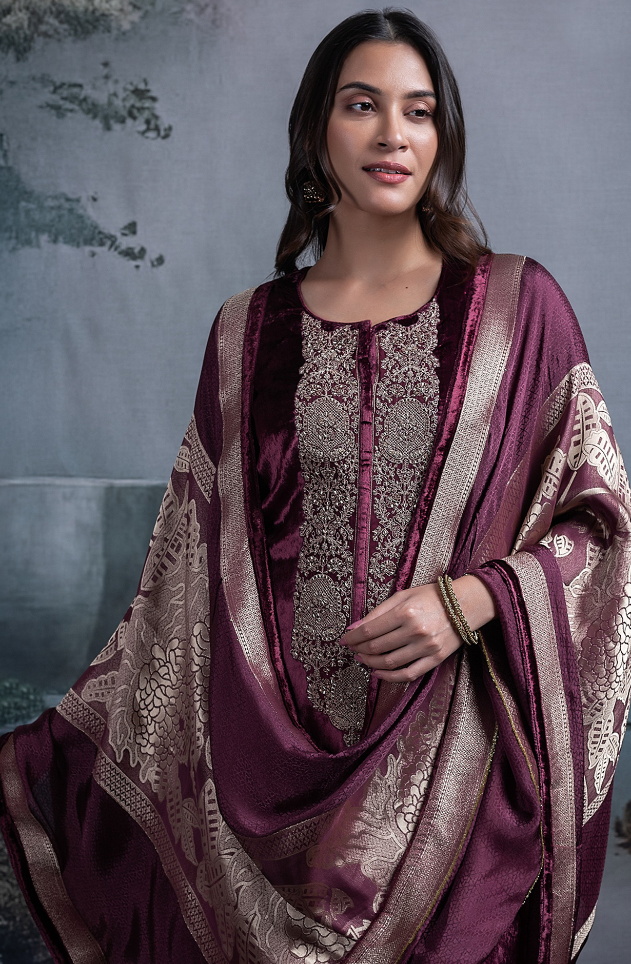 Maroon Velvet Embroidered Suit Set with Dupatta - R157-SPR2390