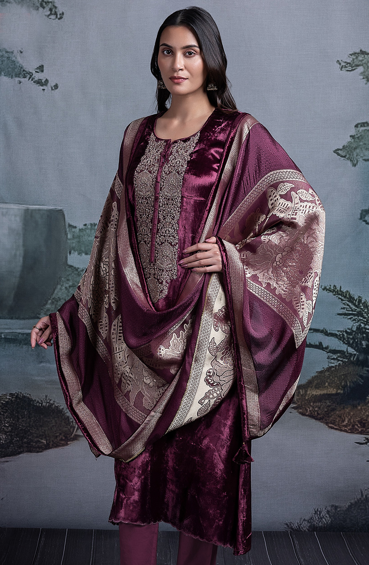 Maroon Velvet Embroidered Suit Set with Dupatta - R157-SPR2390