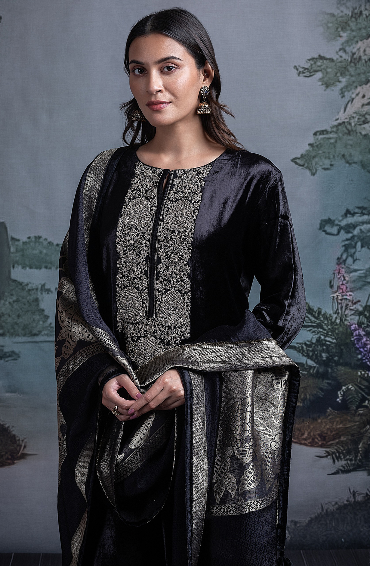 Black Velvet Embroidered Suit Set with Dupatta - R157-SPR2390A