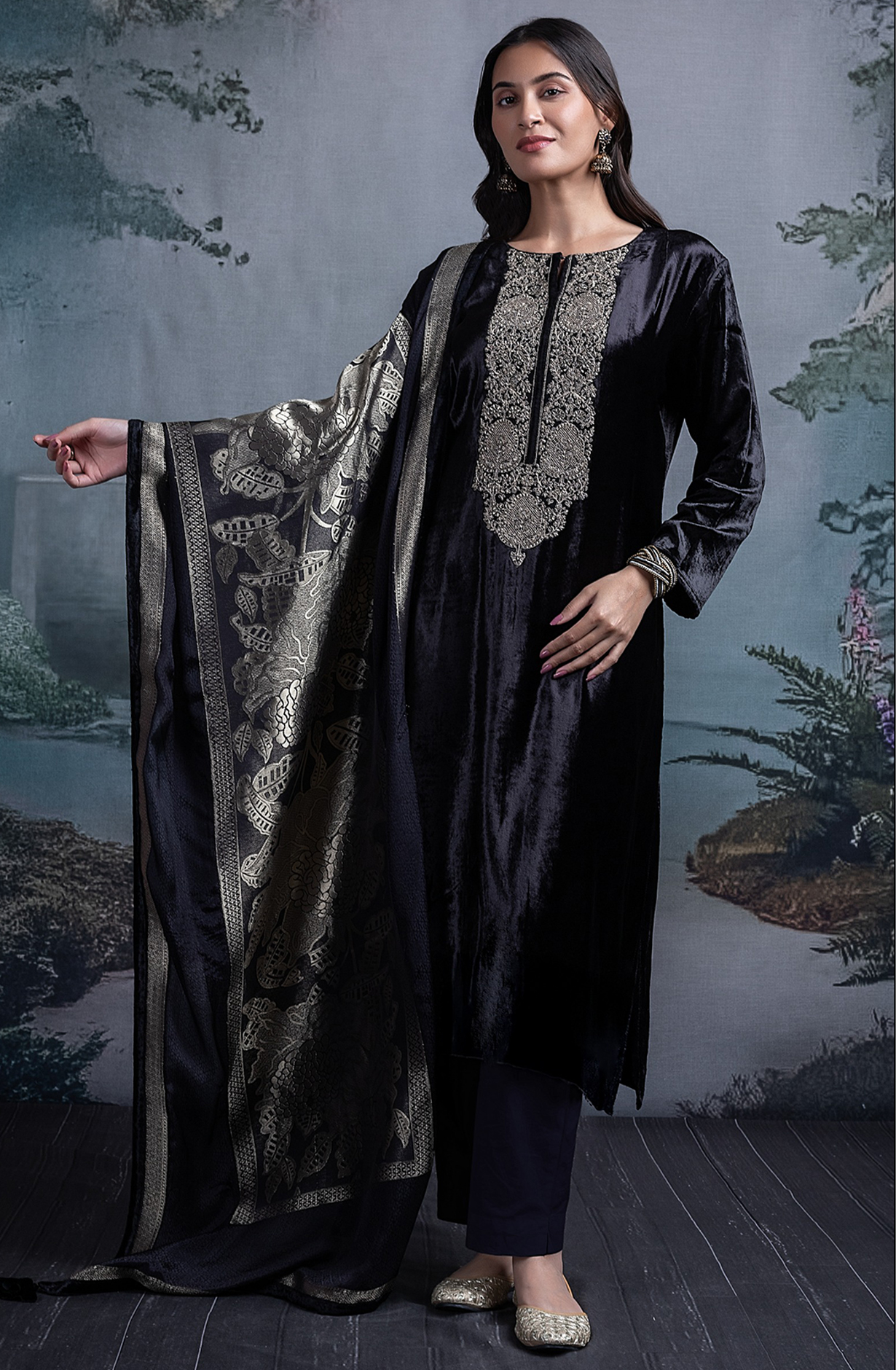 Black Velvet Embroidered Suit Set with Dupatta - R157-SPR2390A