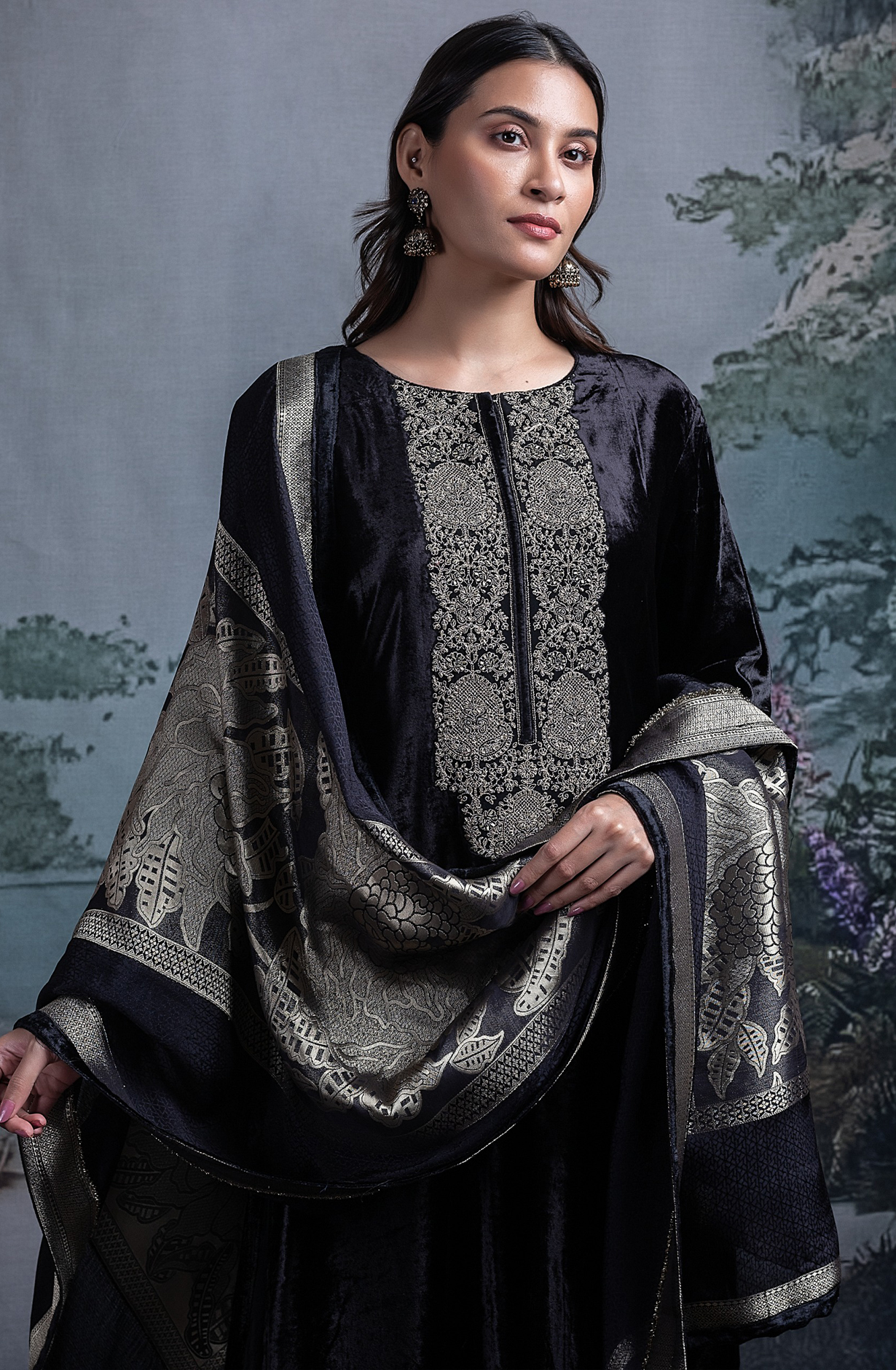 Black Velvet Embroidered Suit Set with Dupatta - R157-SPR2390A