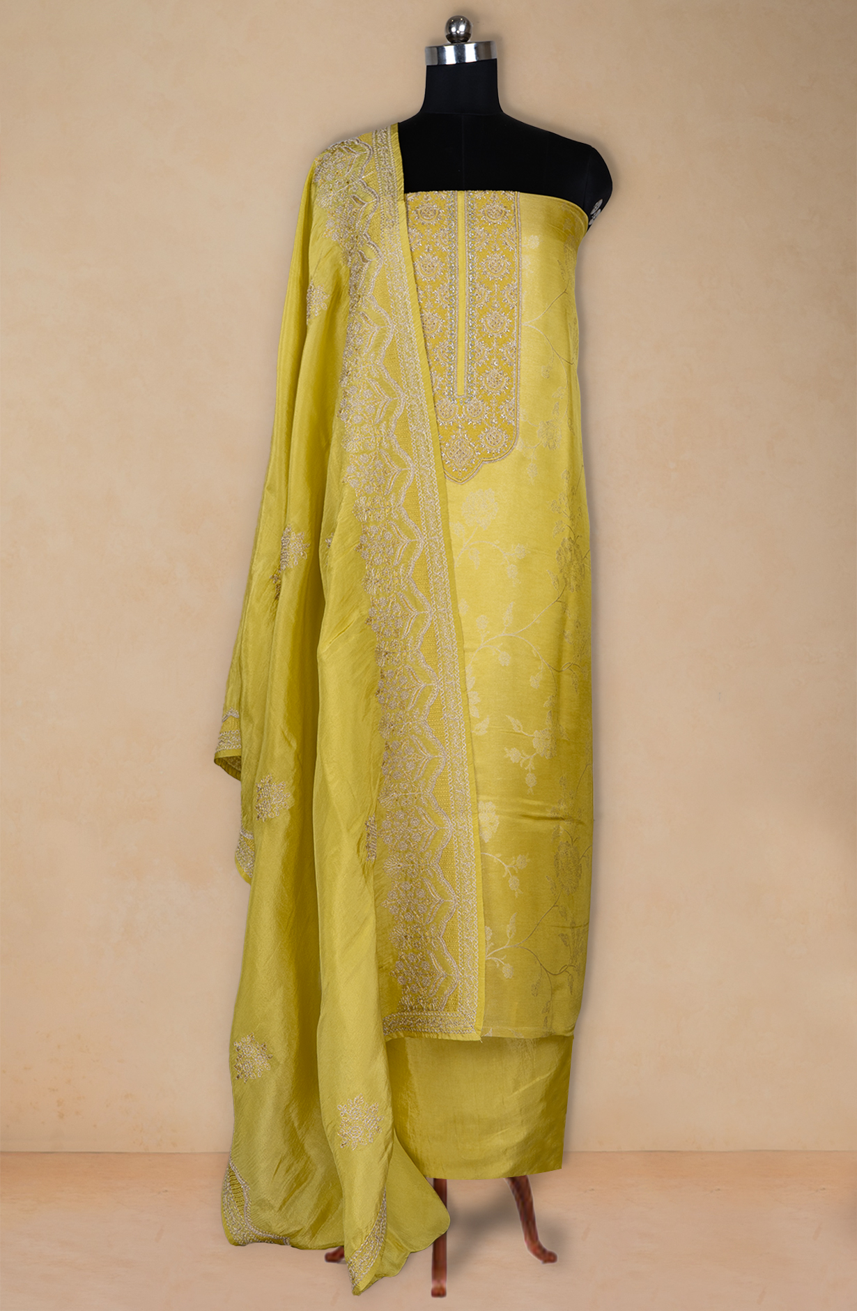 Yellow Silk Tissue Jacquard Suit with Silk Dupatta - R157-SPR2393