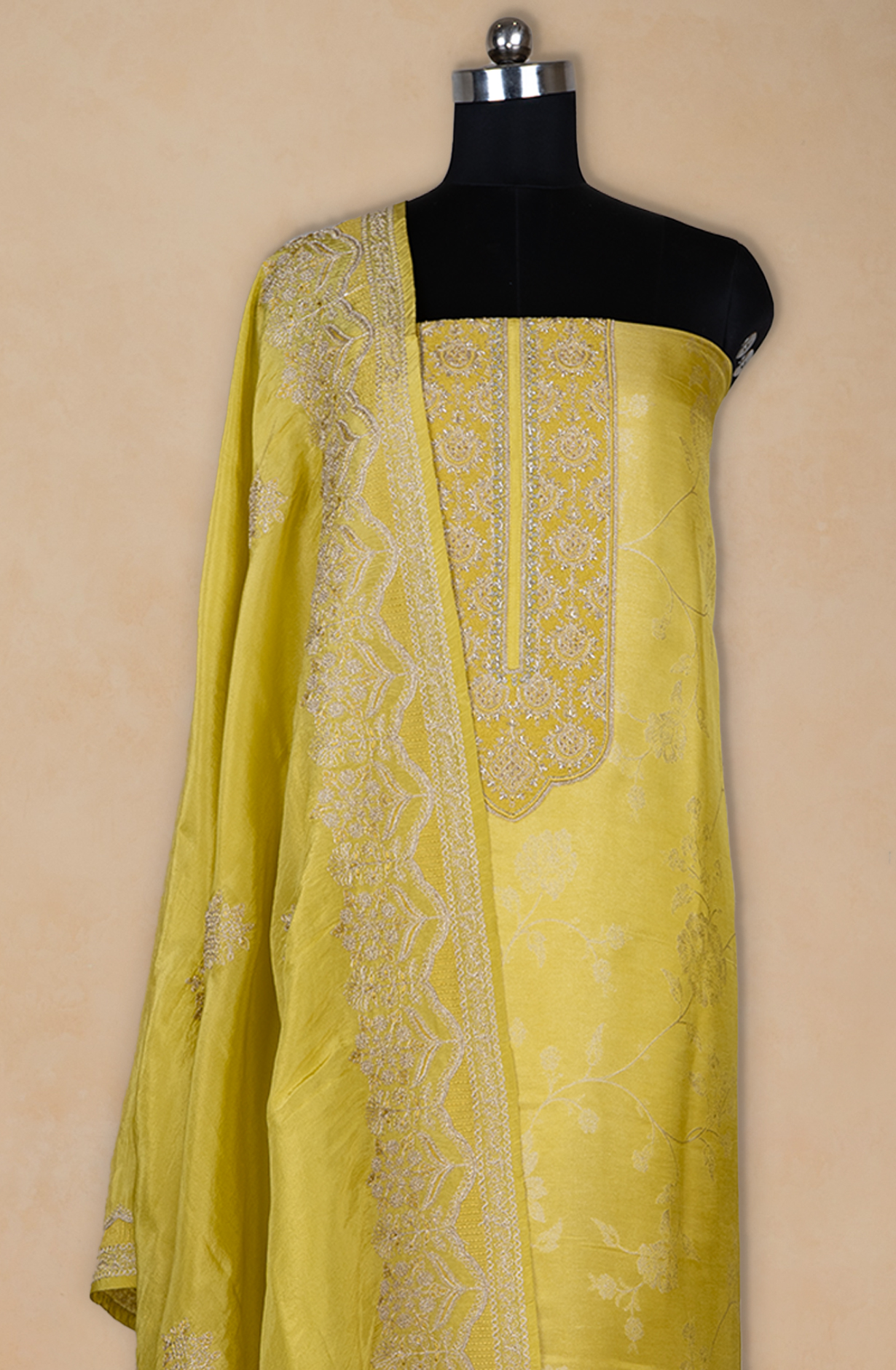 Yellow Silk Tissue Jacquard Suit with Silk Dupatta - R157-SPR2393