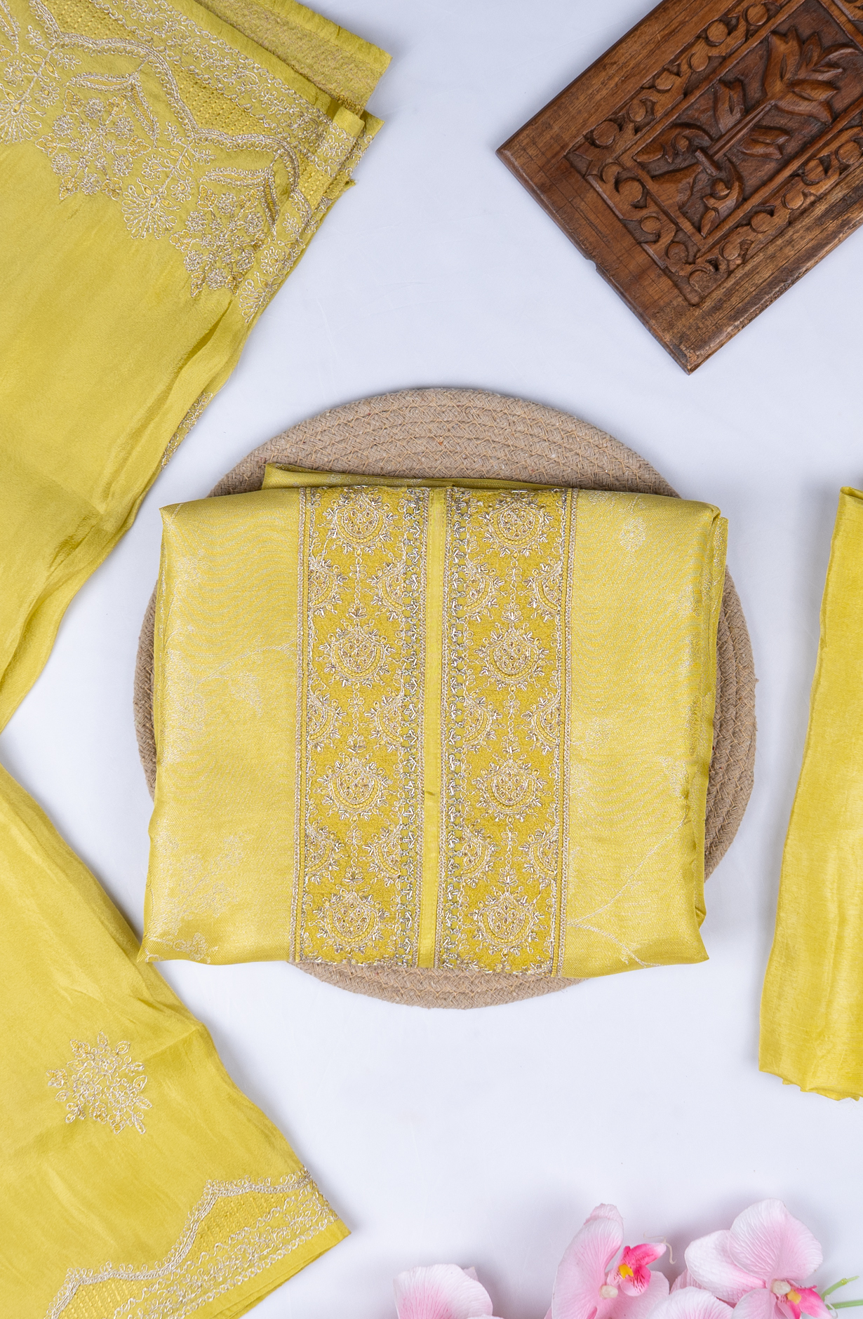 Yellow Silk Tissue Jacquard Suit with Silk Dupatta - R157-SPR2393