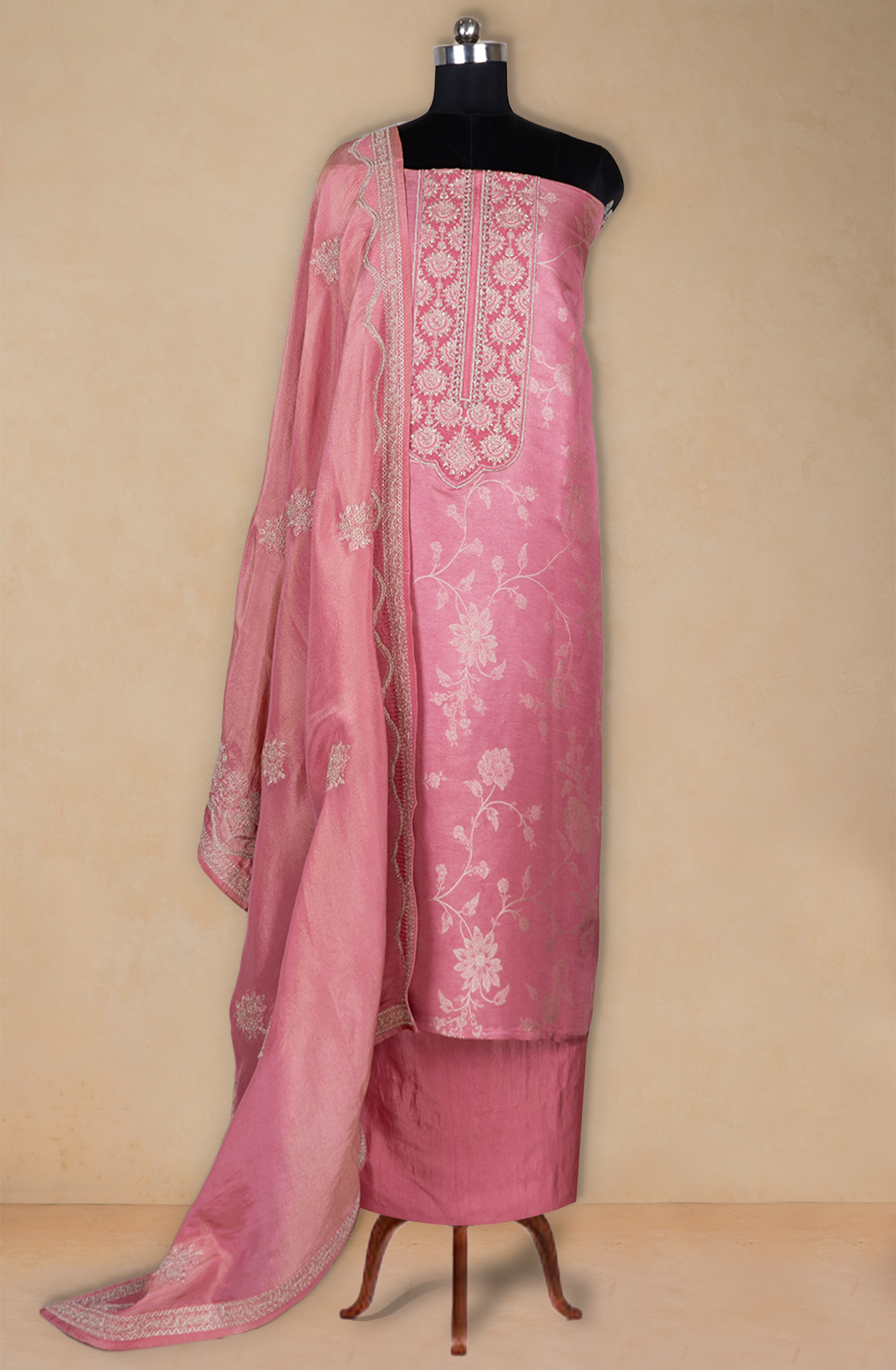 Pink Silk Tissue Jacquard Suit with Silk Dupatta - R157-SPR2393A