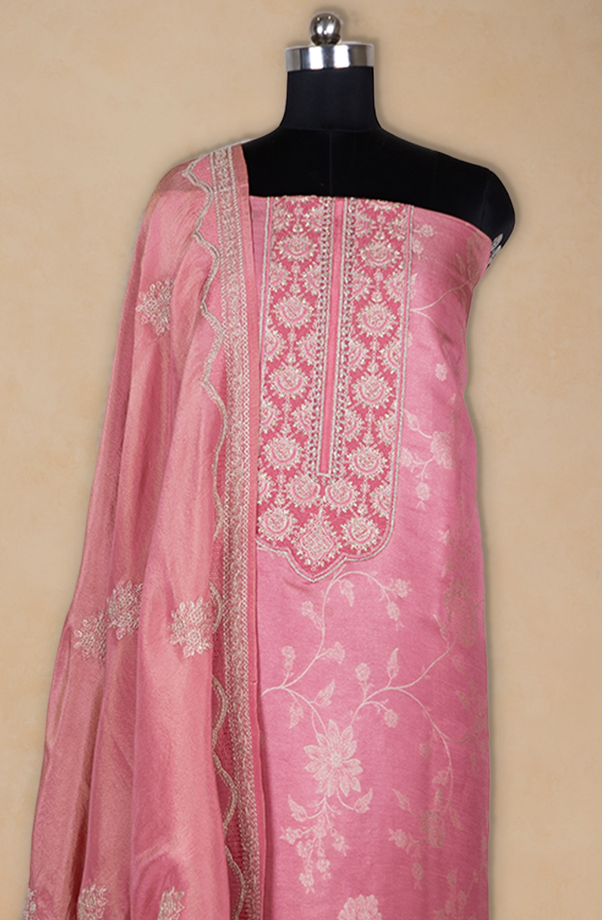 Pink Silk Tissue Jacquard Suit with Silk Dupatta - R157-SPR2393A